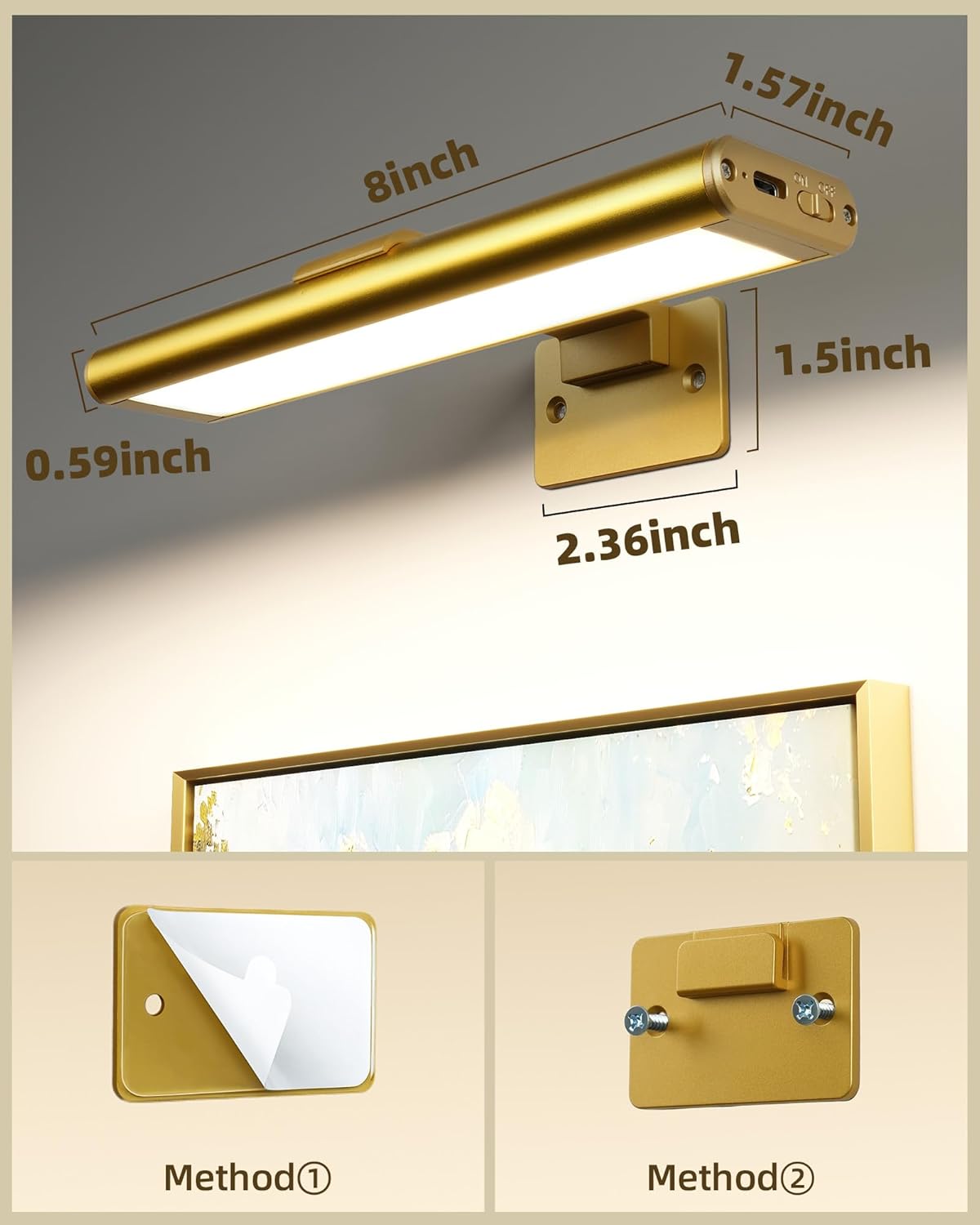 EZVALO Picture Light for Wall, Rechargeable 2400mAh Battery Lights Wireless with IR Remote, 3 Color & Dimmable Magnetic 7.87'' LED Lights Display for Painting, Living Room, Gallery, Bedroom(Gold-3P)