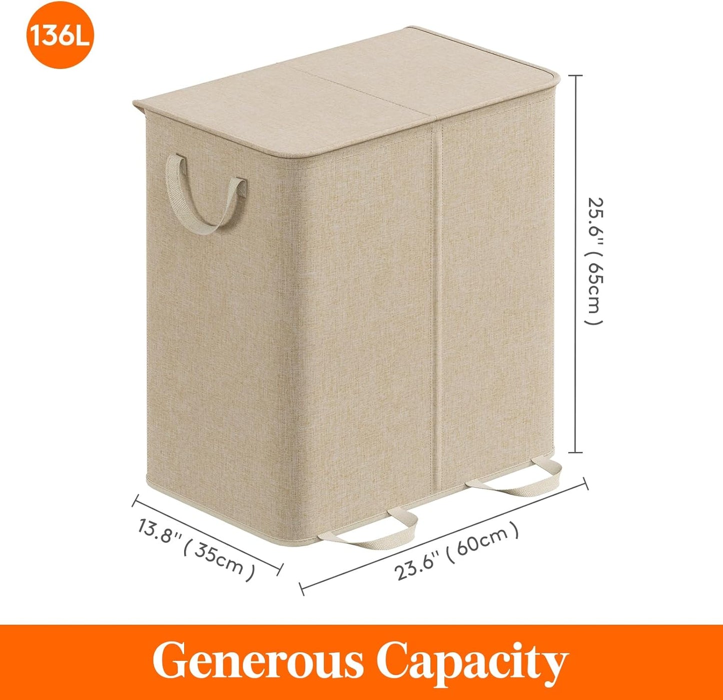 Lifewit Double Laundry Hamper with Lid and Removable Laundry Bags, Large Collapsible 2 Dividers Dirty Clothes Basket with Handles for Bedroom Laundry Room Closet Bathroom College, 136L Beige