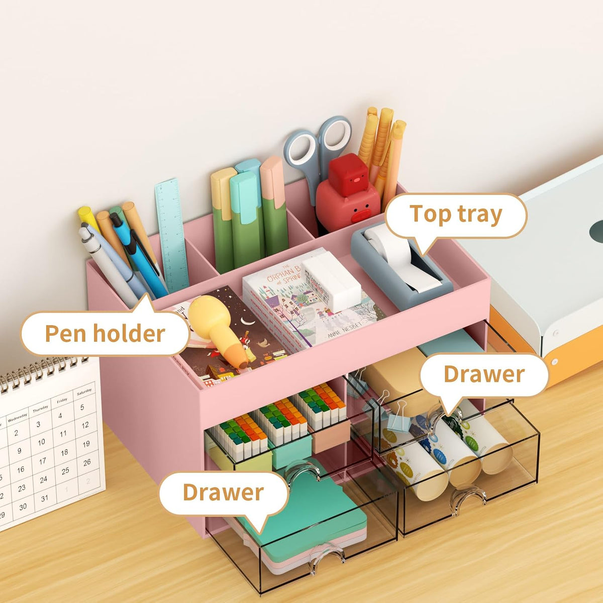 Marbrasse Pen Organizer with 4 Drawer, Multi-Functional Pencil Holder for Desk, Desk Organizers and Accessories with 4 Compartments + Drawer for Office Art Supplies (pink)