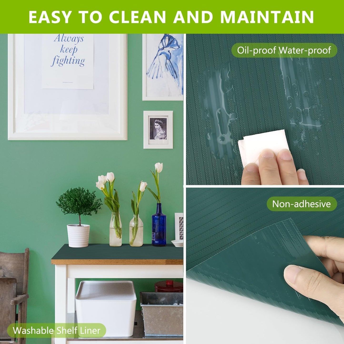 Shelf Liners Non Adhesive Kitchen Drawer Cabinet Liner, Waterproof Durable Liners for Shelves Refrigerator Pantry Cupboard Protector Mat, Green 11.8 x 236.2 inches