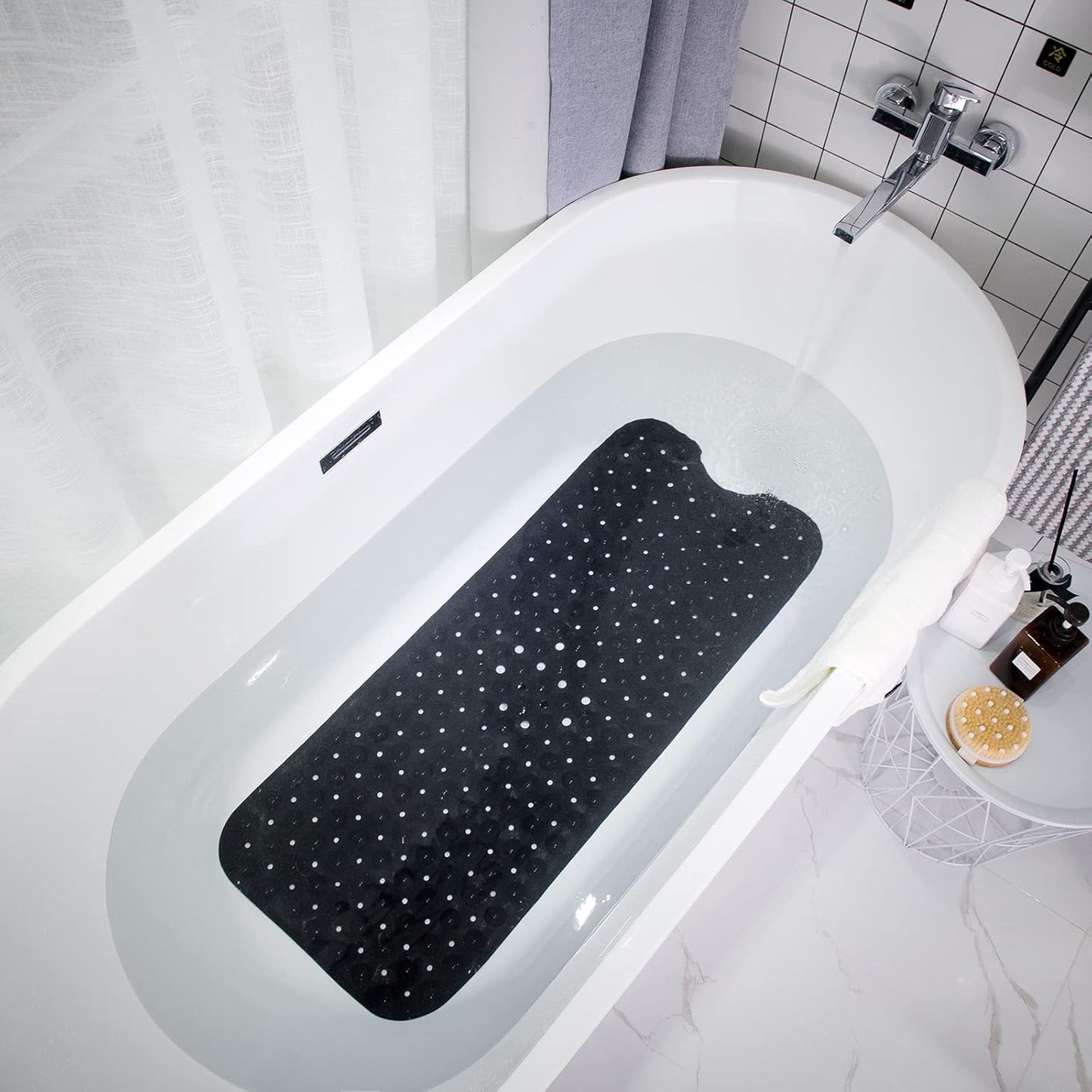 Bathtub and Shower Mats, Extra Long Non-Slip Bath Mat 39 x 16 Inch, Machine Washable Bath Tub Mat with Suction Cups & Drain Holes for Bathroom, Black
