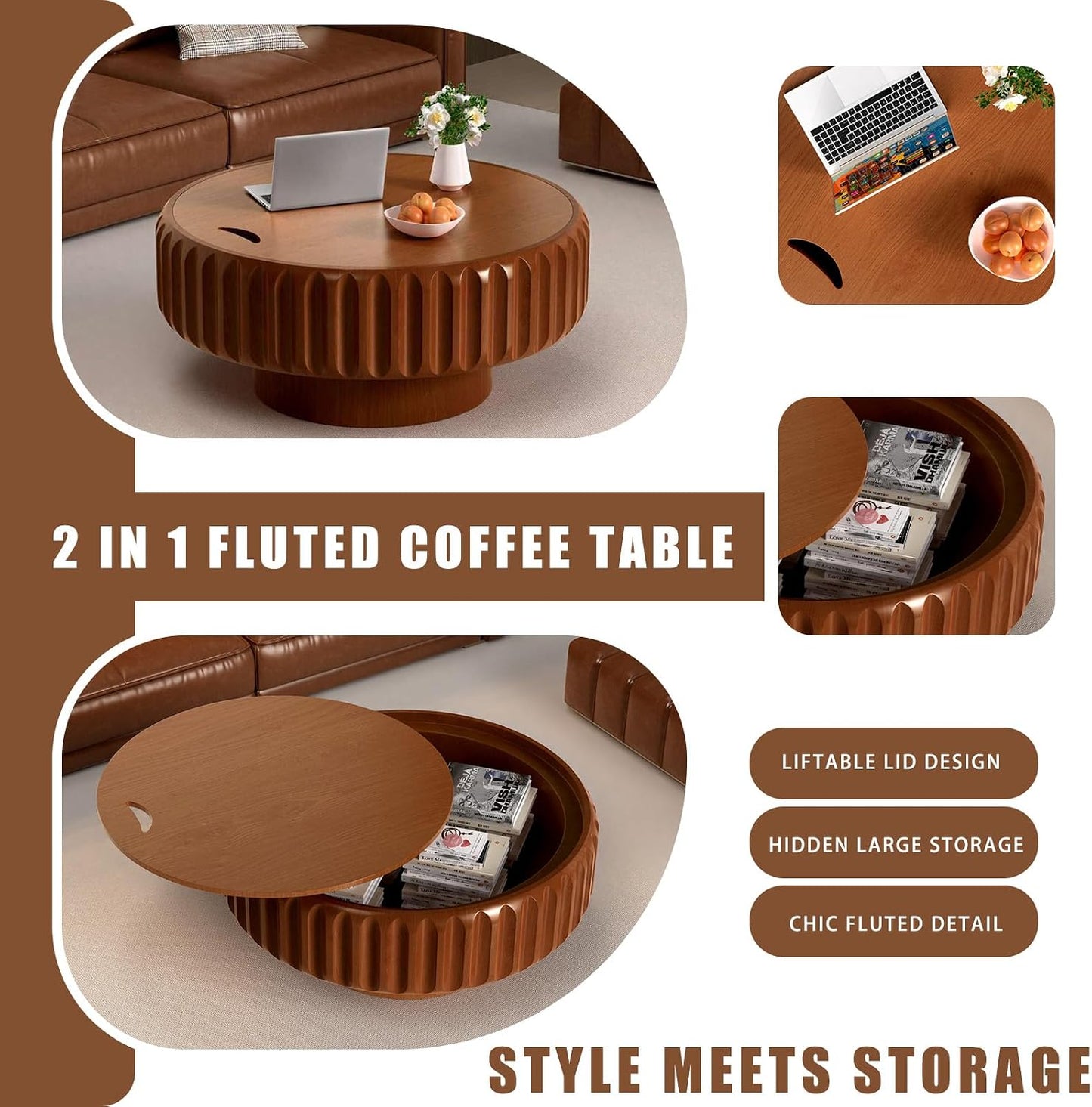 Storage Fluted Drum Coffee Table (A Brown 31.5 in) | Mid Century Wood Drum Shaped Table with Storage Compartment, Removable Lid for Living Room Bedroom, Stylish Retro Furniture