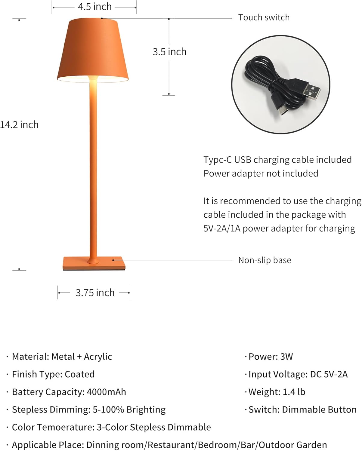 KDG 2 Pack Cordless Table Lamp,Portable LED Desk Lamp, 4000mAh Battery Operated, 3 Color Stepless Dimming Up, for Restaurant/Bedroom/Bars/Outdoor Party/Camping/Coffee Shop Night Light(Orange)