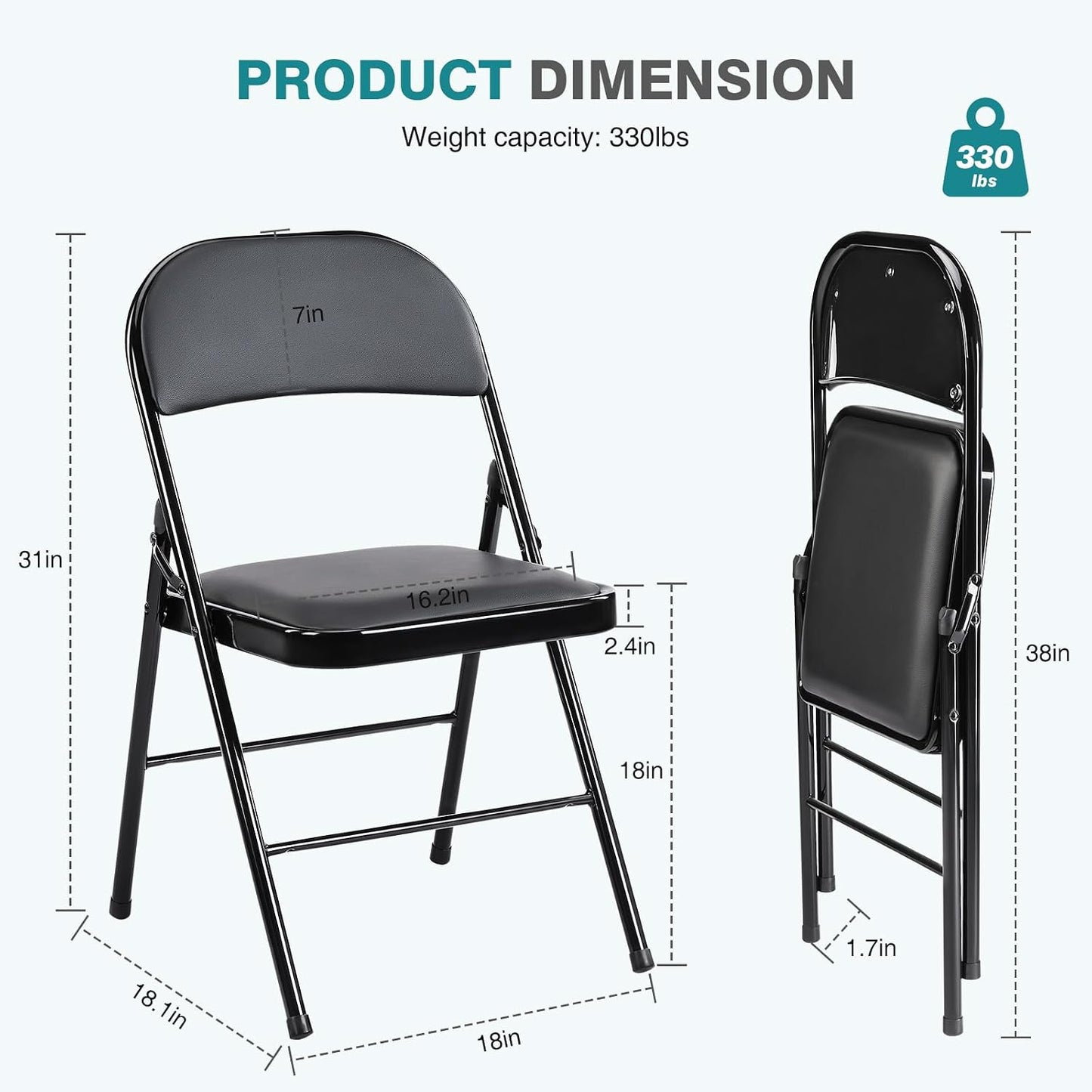 DUMOS 4 Pack PU Leather Padded Folding Chair, for Indoor and Outdoor Events, Portable Stackable Seat with Steel Frame, for Home, Office, Party, Dining, Black