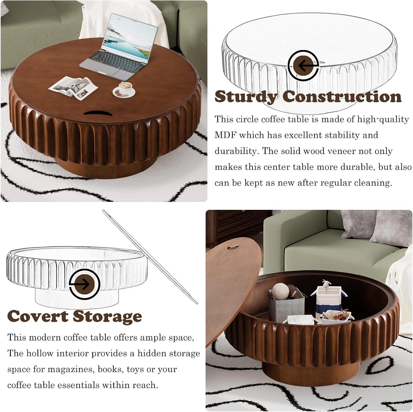 Round Coffee Table (Walnut 31.5'') | Storage for Living Room, Wood Circle Drum, Modern Fluted Center Table, Accent Table for Home Office Apartment