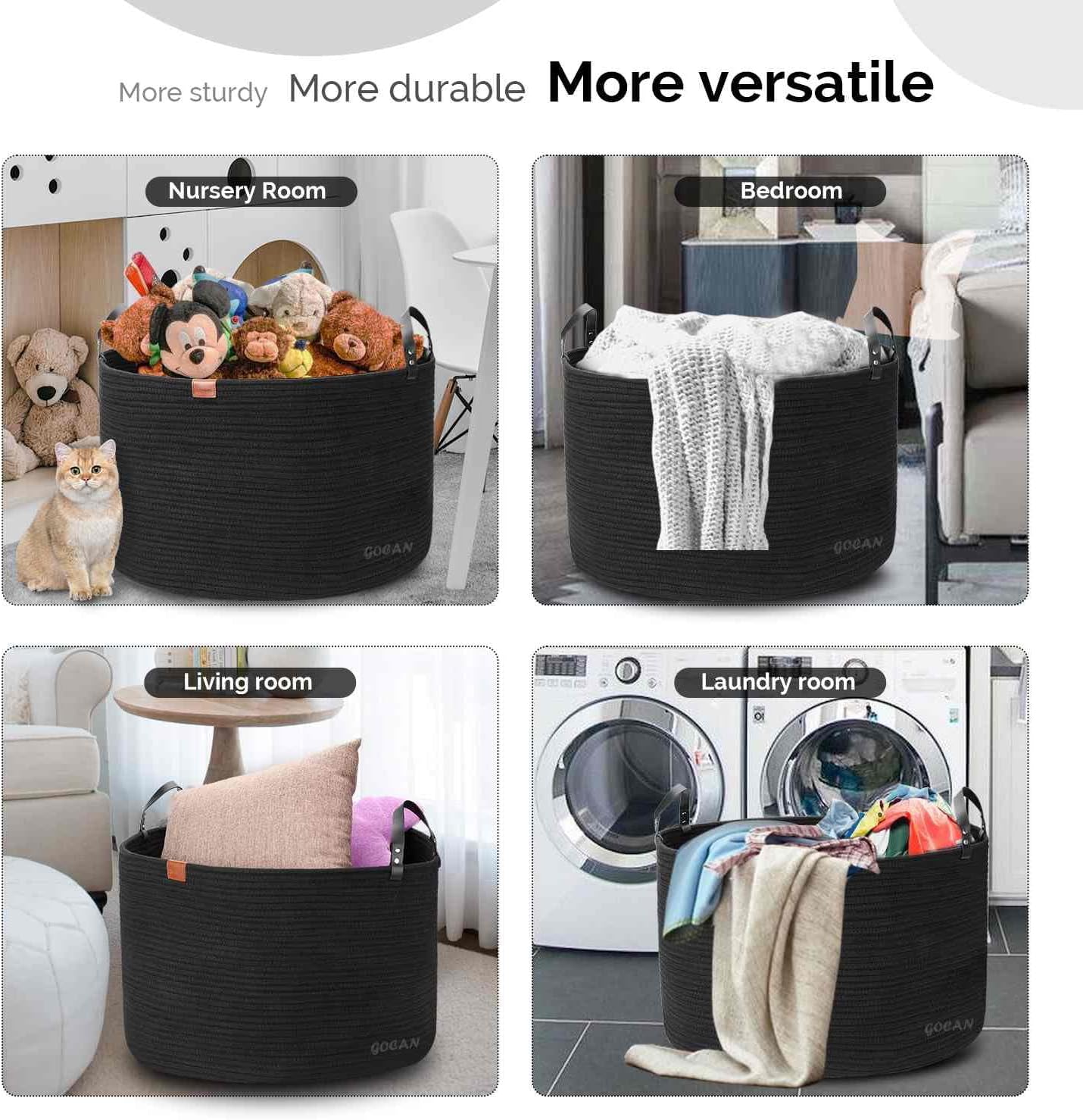 Cotton Rope Woven Laundry Basket 22"X 22"X 14" with handles (Pure Blk) XXXL | Hand-woven, ideal for storing blankets and cushions in the living room, and clothes for household storage.