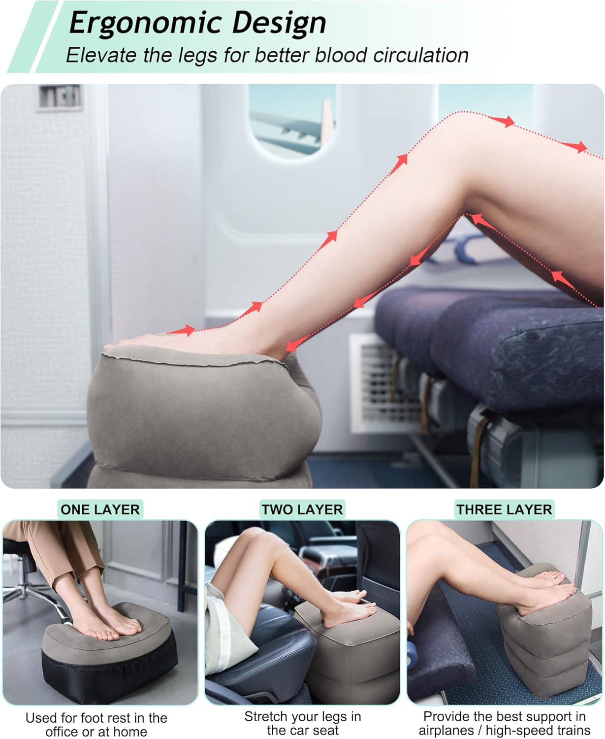 Inflatable Foot Rest Pillow, Kids Airplane Bed, Adjustable 3 Layers Height Leg Rest Pillow, Airplane Travel Essentials Great for Office, Home, Trains, Cars