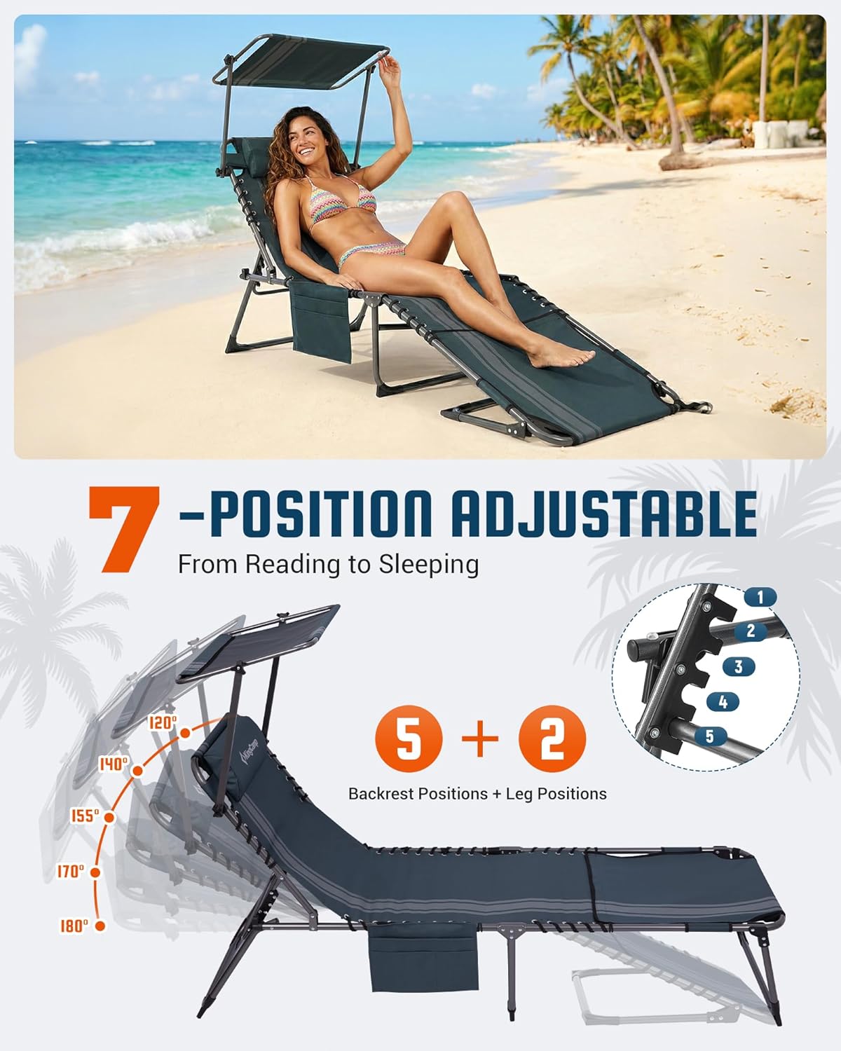 KingCamp Lounge Chair with face Hole & Canopy Shade, 400LBS Folding Portable Tanning Chair with face Hole, Adjustable 5-Position Foldable Beach Sun Tanning Chair for Outside Beach Patio Outdoor Pool