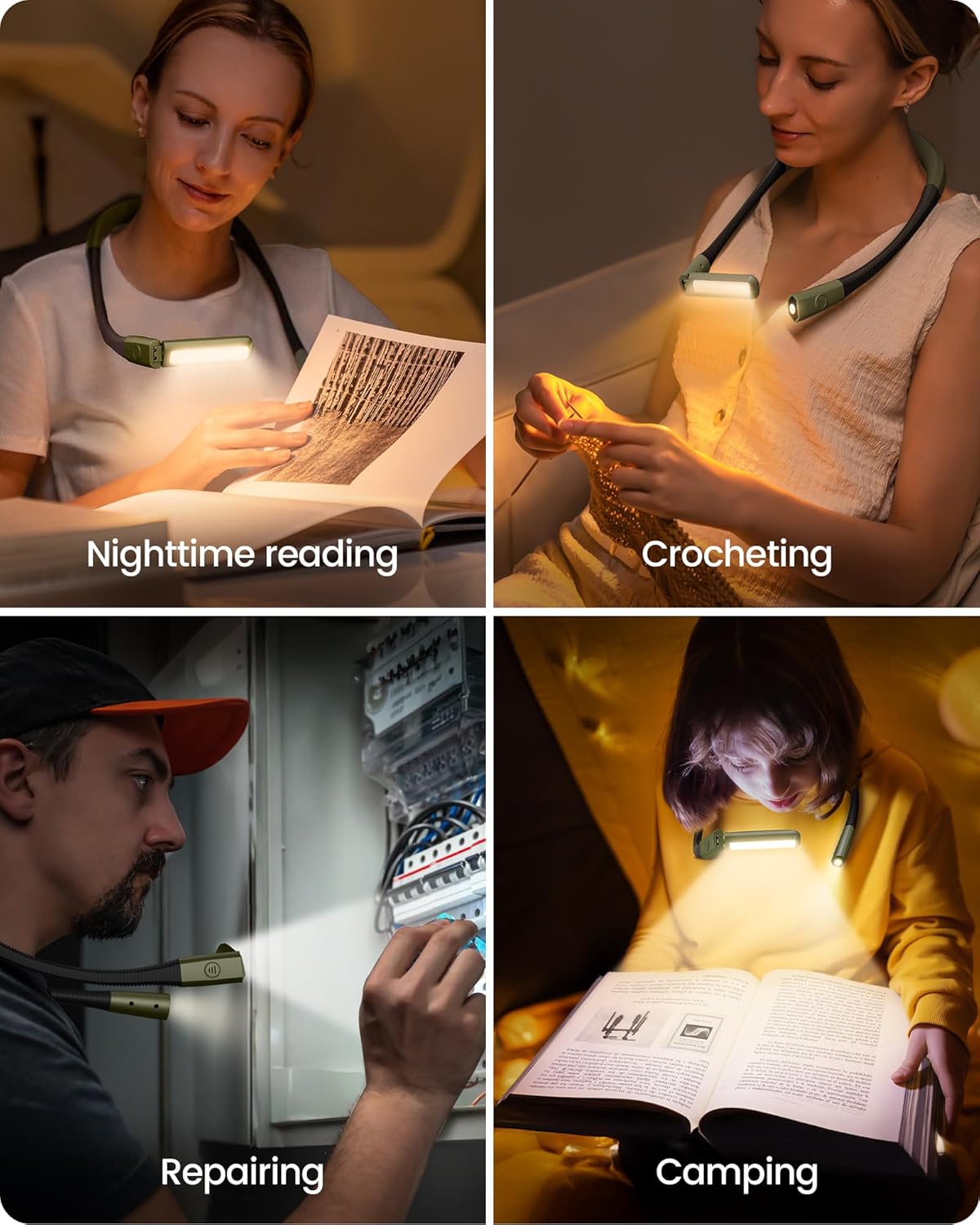 Glocusent Bendable Neck Light, 100Hrs Long Lasting Rechargeable Book Light, 5 Colors & Stepless Dimming Reading Light - Perfect Book Lights for Reading at Night, Knitting, Book Lovers Gifts