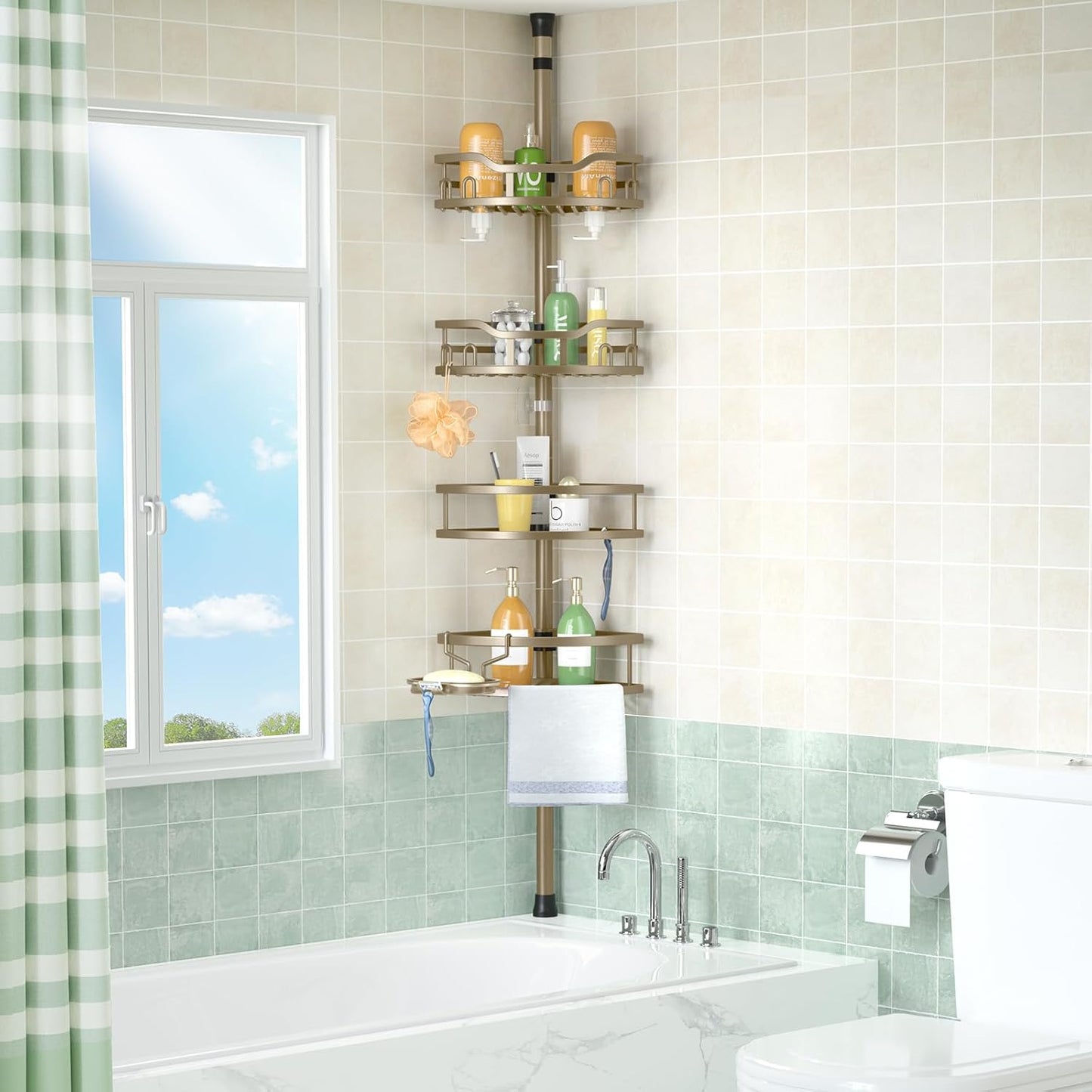 HAMITOR Corner Shower Caddy Tension Pole: Rustproof 4-Tier Bathroom Organizer Shelves for Bathtub Shampoo Storage - 47-121 Inch Quick Install Adjustable Rod Standing Rack with Soap Rack -Tan Khaki