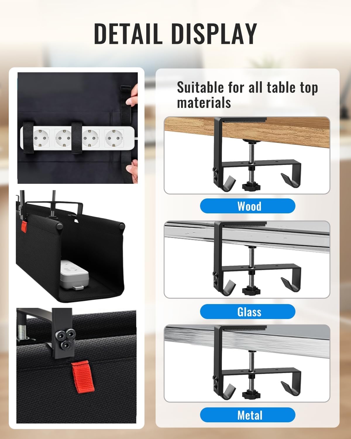No Drill Under Desk Cable Management Tray, Cord Organizer for Table 36" | Upgraded Oxford Fabric, Cable Loop, for Home, for Office