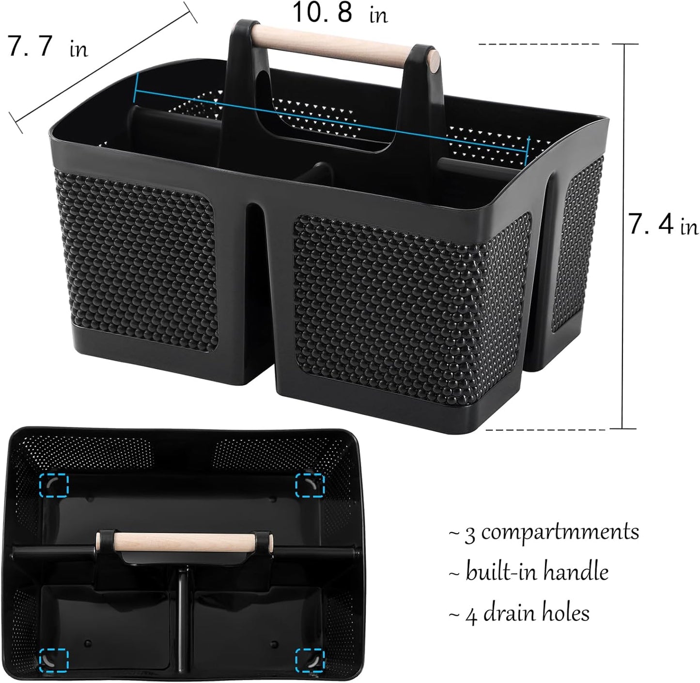 rejomiik Portable Shower Caddy Basket Plastic Cleaning Caddy Organizer Storage Tote with Handle for Bathroom, College, Dorm Room Essentials, Black