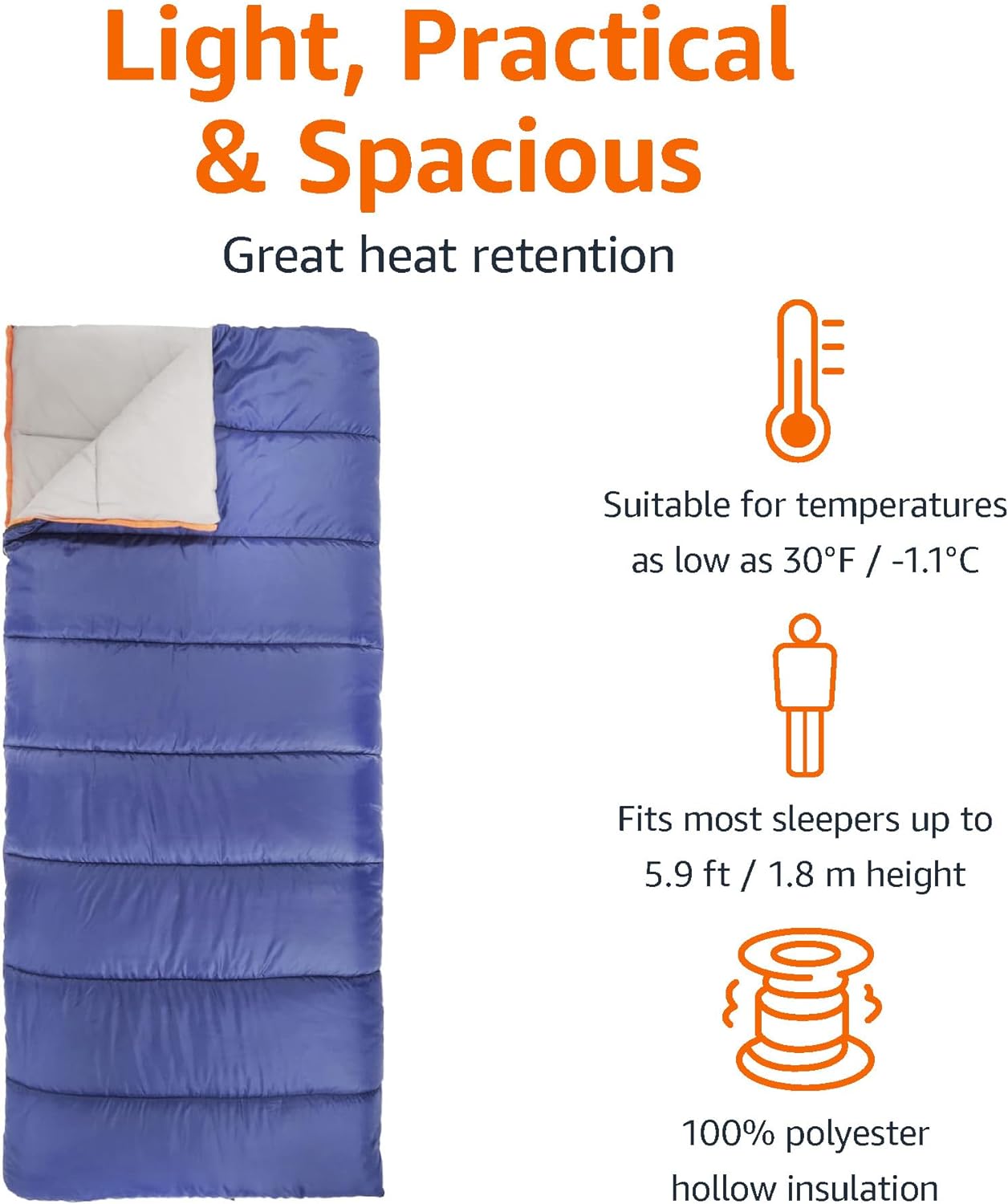Amazon Basics 30°F Cool Weather Sleeping Bag for Adults, Warm and Comfortable, Compact Lightweight, 75" x 33", Blue