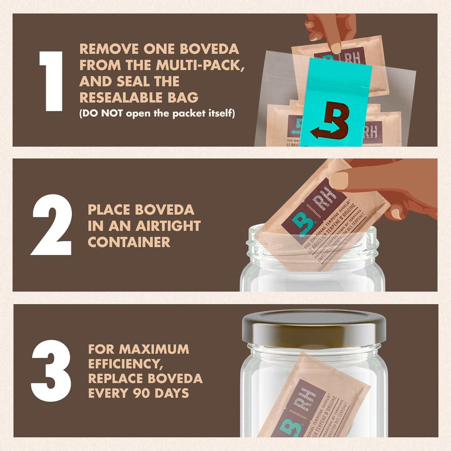 Boveda 62% Two-Way Humidity Control Packs For Storing 1 lb – Size 67 – 4 Pack – Moisture Absorbers for Storage Containers – Humidifier Packs – Hydration Packets in Resealable Bag