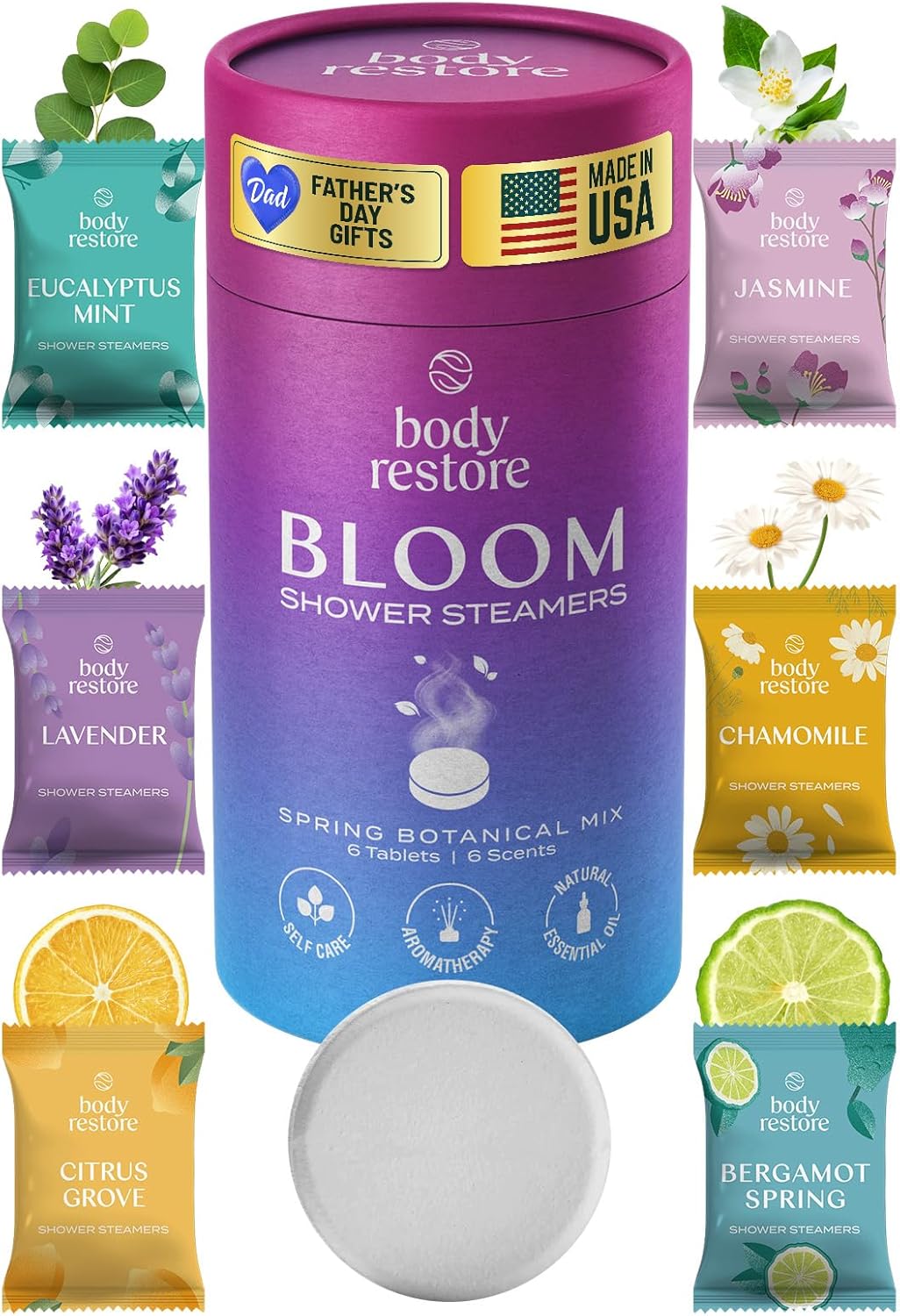 Body Restore Shower Steamers Aromatherapy 6 Pack – Fathers Day Gift for Dad, Birthday Gifts for Women & Men, Spa Stress Relief & Relaxation Self Care Gifts – Premium Bloom Essential Oil Tablets