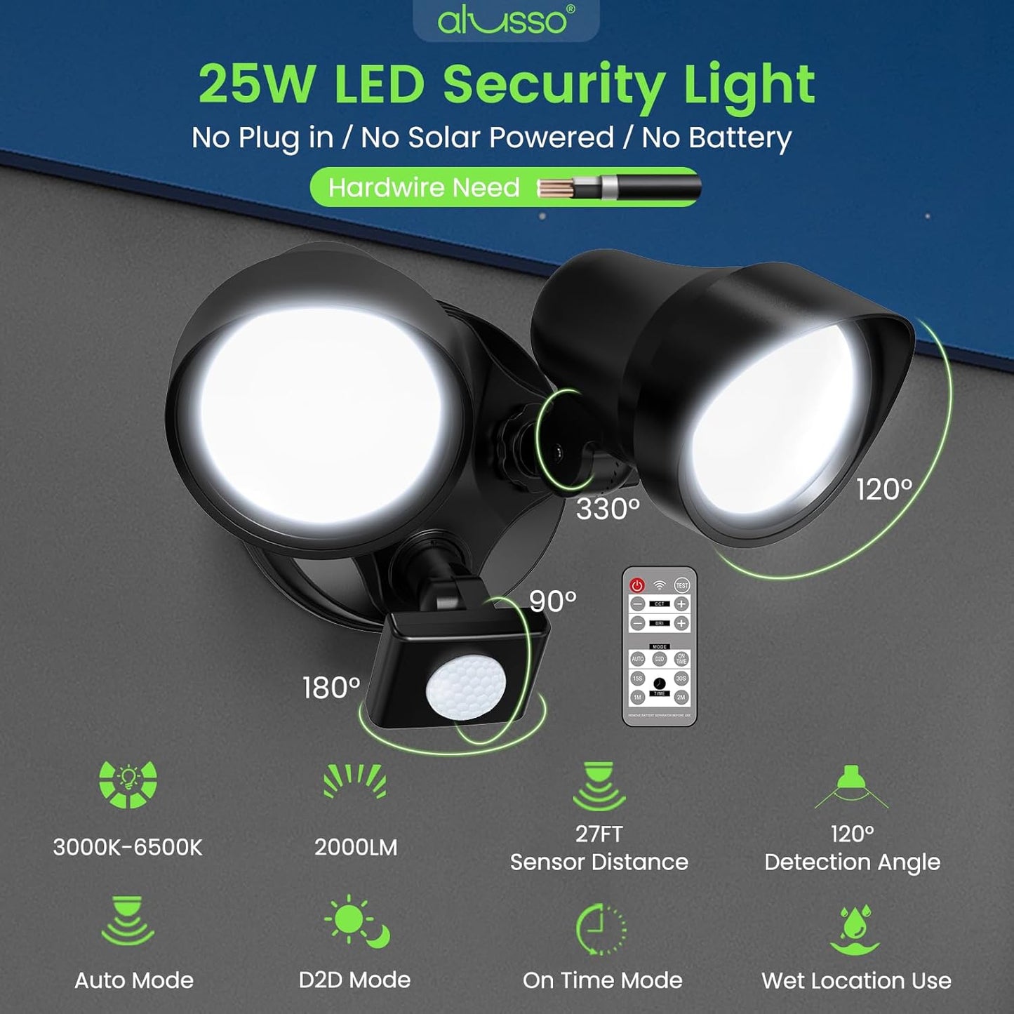 ALUSSO LED Security Lights Motion Sensor, 25W 2000LM Flood Lights Outdoor Motion Sensor with Remote 120V, Dimmable Brightness 3000K-6500K CCT IP65 Security Light ETL Listed for House Garage 1 Pack