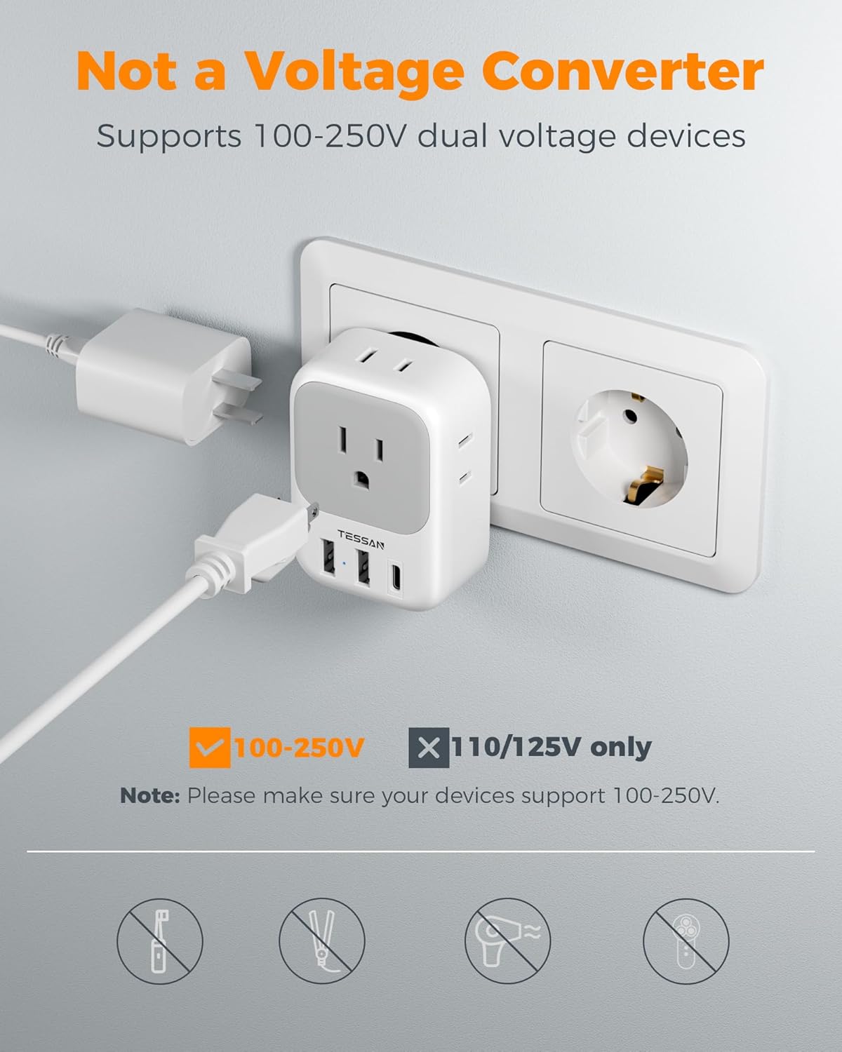 European Travel Plug Adapter USB C, TESSAN International Plug Adapter with 4 AC Outlets 3 USB Charging Ports, Type C Europe Power Adaptor for US to EU France Germany Iceland Spain Italy