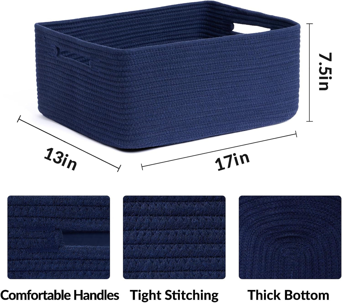 MiniArk Large Storage Baskets for Shelves, 17 x 13 x 7.5” Closet Organizers Bins for Clothes Blanket Towels, Baby Nursery, Toy Baskets Box, Woven Rope Baskets, 3 Packs Navy Blue