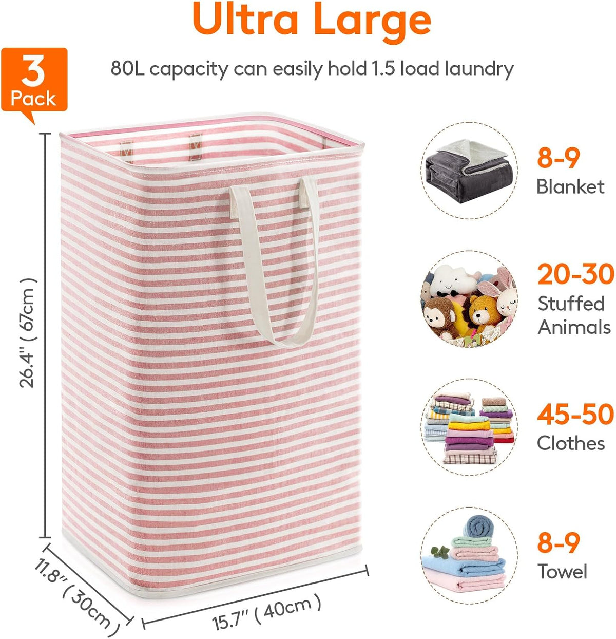 Lifewit 80L Large Laundry Baskets, 3 Pack, Reinforced Handles, Pink