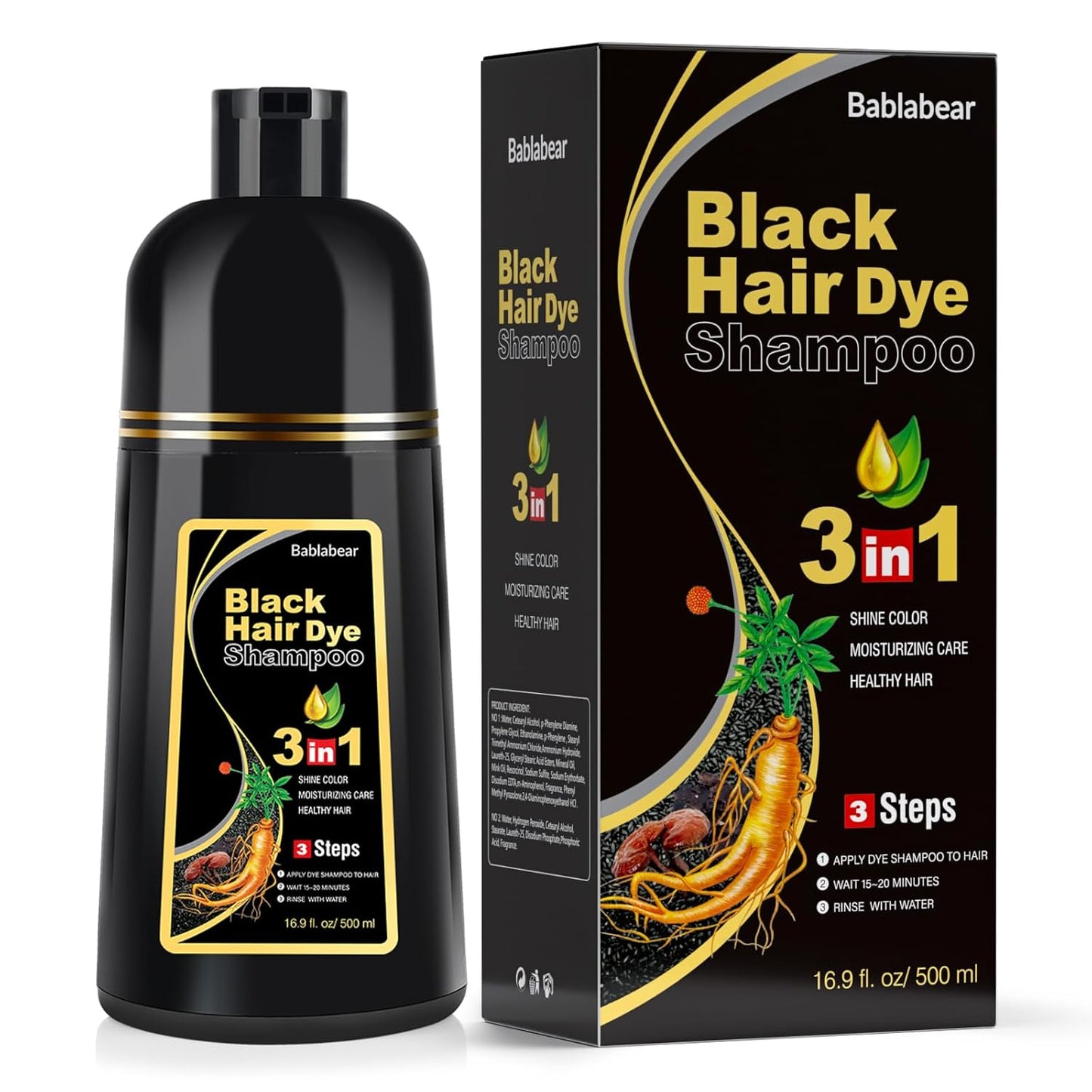 Bablabear Dark Brown Hair Color Shampoo for Gray Hair 500ML Instant Hair Dye Shampoo for Men & Women-3 in 1 Color Shampoo