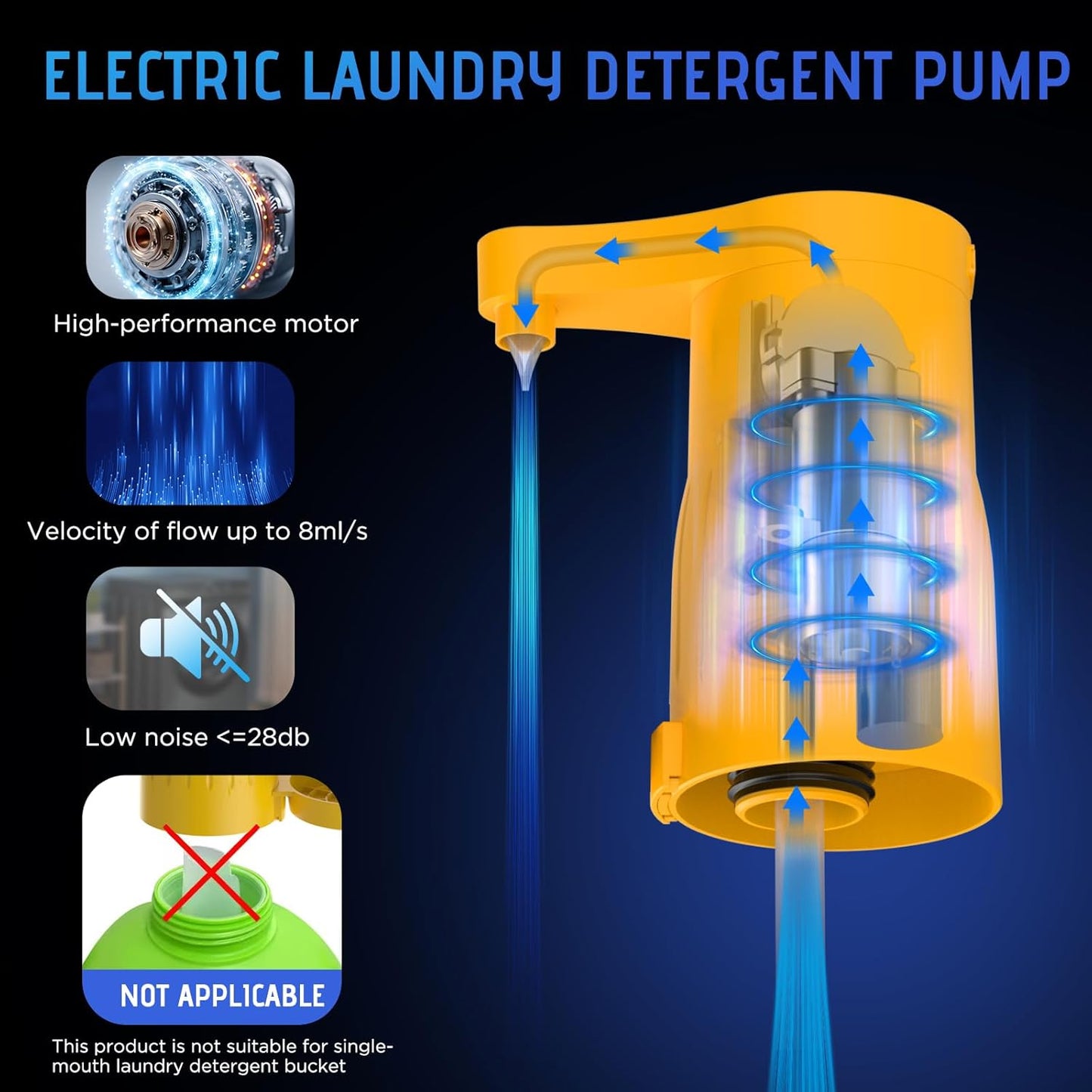 Arlion Detergent Dispenser, Auto Laundry Detergent Dispenser with Silicone Washable Laundry Measuring Cup Graduated Cup, No Waste, USB Rechargeable, Ideal for Laundry Room Organization (Yellow)
