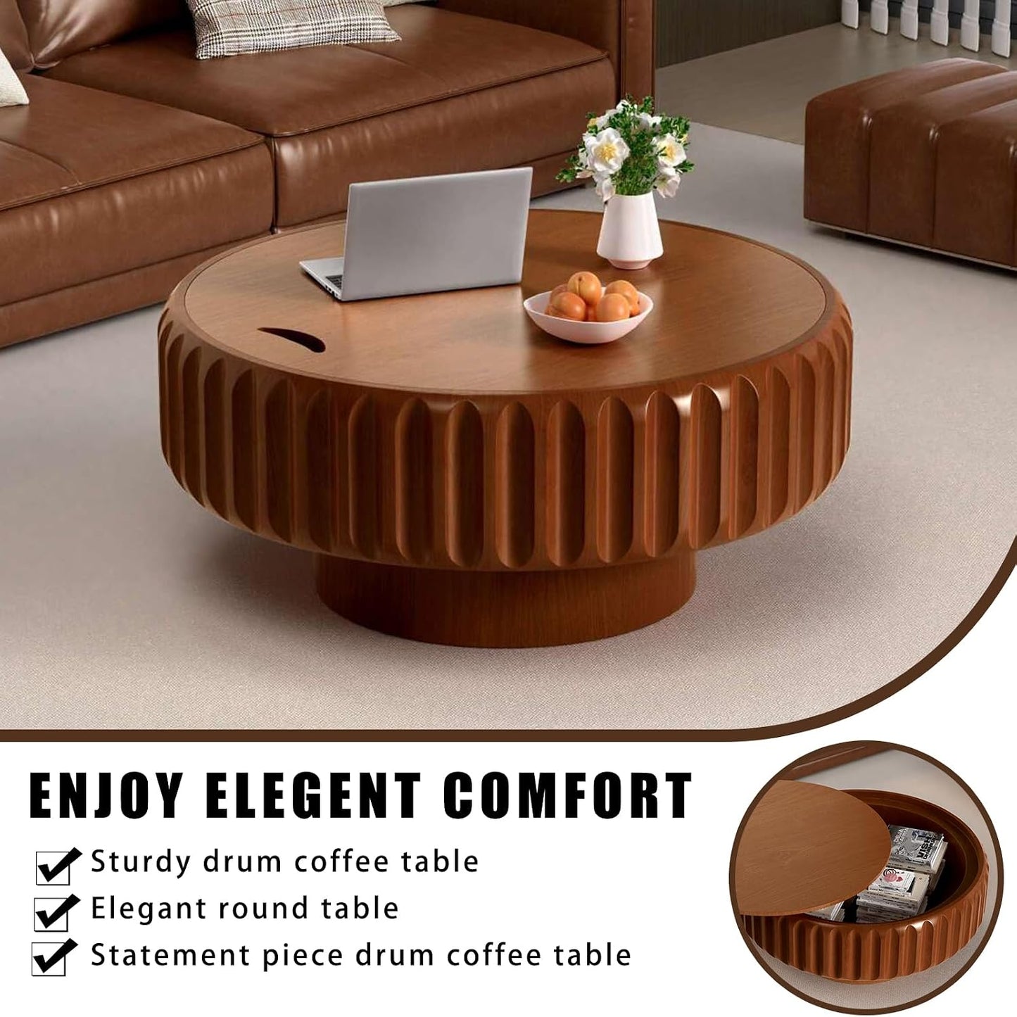 31.5" Round Fluted Coffee Table with Hidden Storage (31.5" Brown) | Round Wooden Coffee Table with Solid Wood Veneered, Gear Center Table, Drum Tea Table for Living Room Apartment
