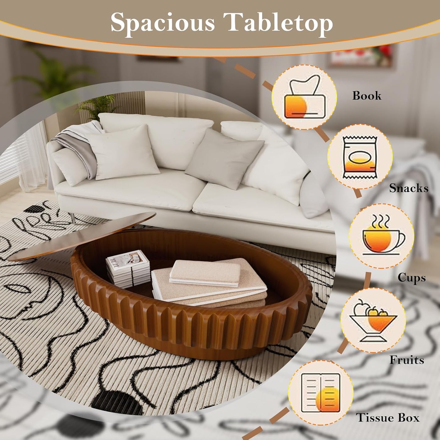 Chic Drum Coffee Table with Storage (D 43.3in) | 43.3" Rustic Oval Center Table - Solid Wood Fluted Veneer | Easy Assemble | for Living Room Apartment