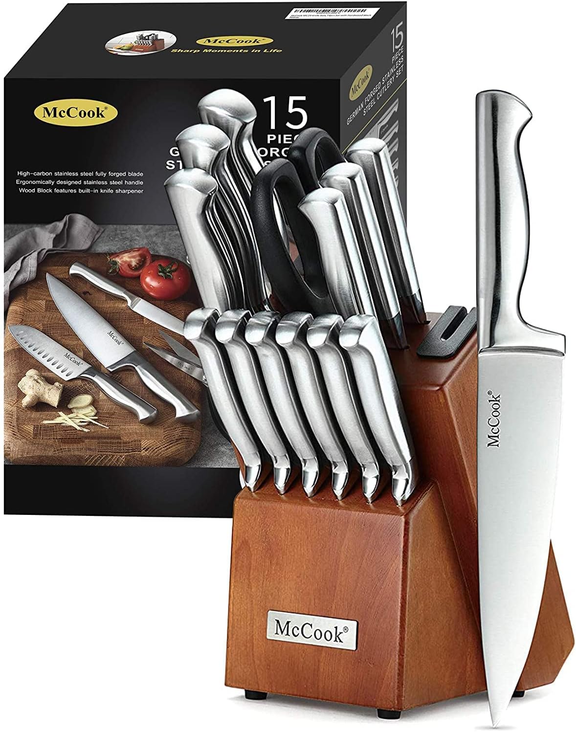 McCook® Knife Sets, German Stainless Steel Kitchen Knife Block Sets with Built-in Sharpener, 15 Piece Chef Knife and More, Razor Sharp, Restaurant Grade, Anti-Rust, Elegant Box for Gift