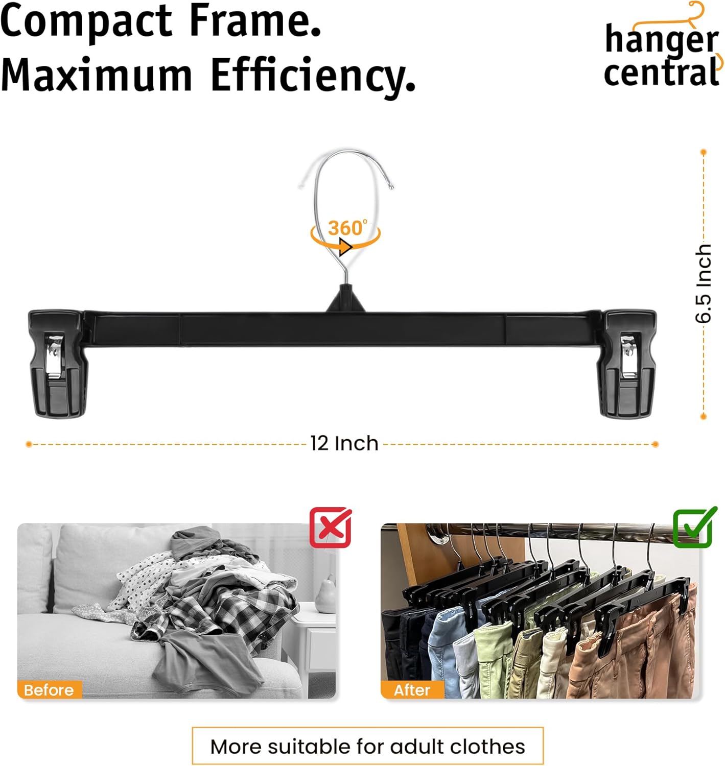 12 Inch 12 Pack Pants Hangers, Slim Plastic Clothes Hangers with Clips for Skirts, Pants, Shorts, Space Saving Heavy Duty Closet Organizer with Non Slip Grip & Swivel Hook – Black