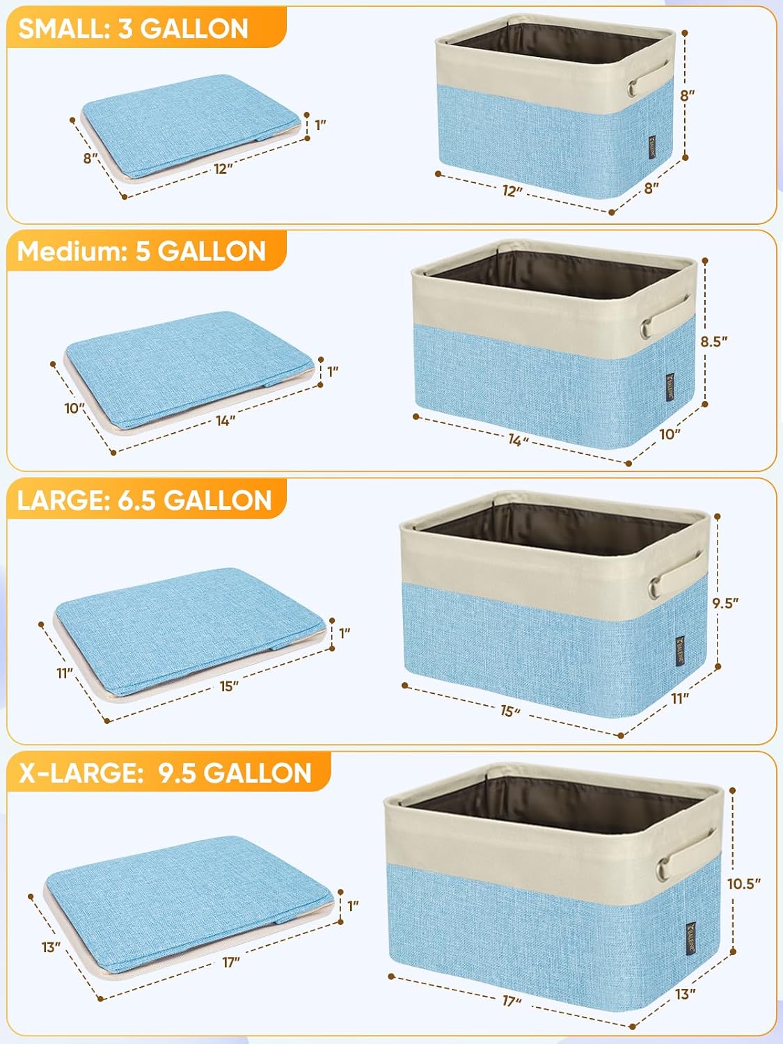 BALEINE 3 Pack Fabric Closet Storage Bins for Shelves, Linen Closet Organizers and Storage, Decorative Baskets for Organizing, Shelf, Clothes, Home, Office (Skyblue, 12"x8"x8")