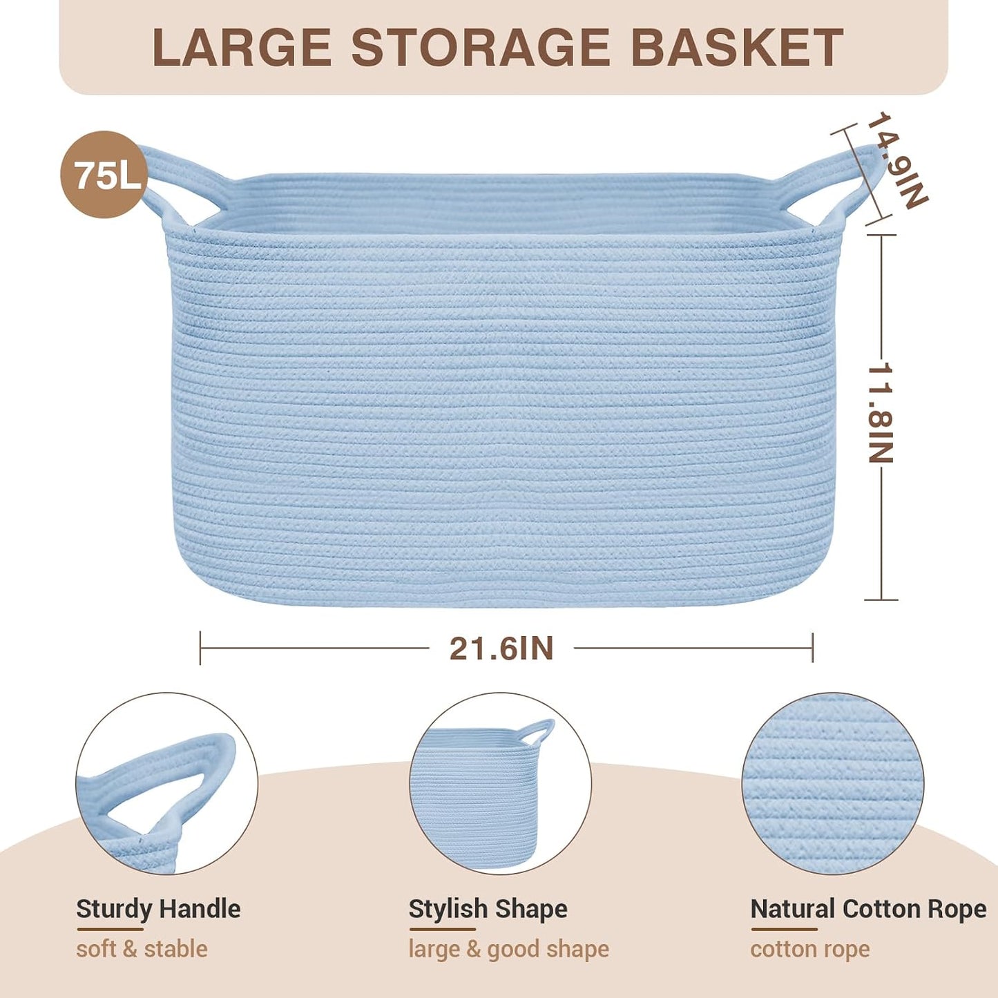 YOUDENOVA Large Blanket Basket, Rectangle Cotton Rope Storage Baske | 21.6''×14.9''×11.8'' Nursery Laundry Hamper for Storage Clothes Organizing, Woven Basket, Dirty Clothes Organizer Bins