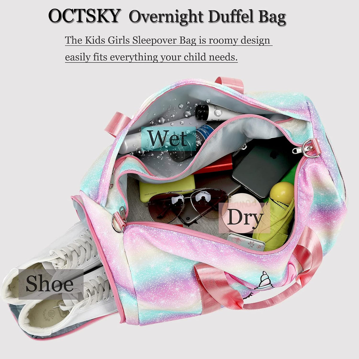 Dance Duffle Bag Girls Unicorn Kids Sports Gym Bag with Shoe Compartment & Wet Pocket Sleepover Overnight Weekender Travel Bag