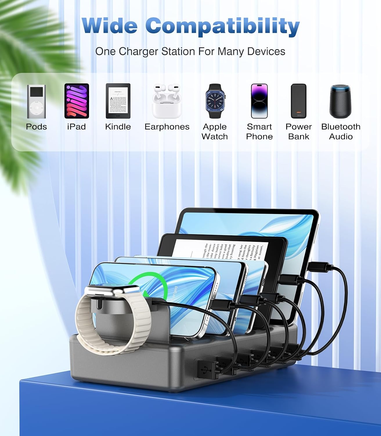 50W Fast Charging Station, 6 Port Charging Station for Multiple Devices | Compatible with iPhone,iPad, Tablet,Kindle ect,with 6 Short Cables and Apple Watch Holder（Space Gray）