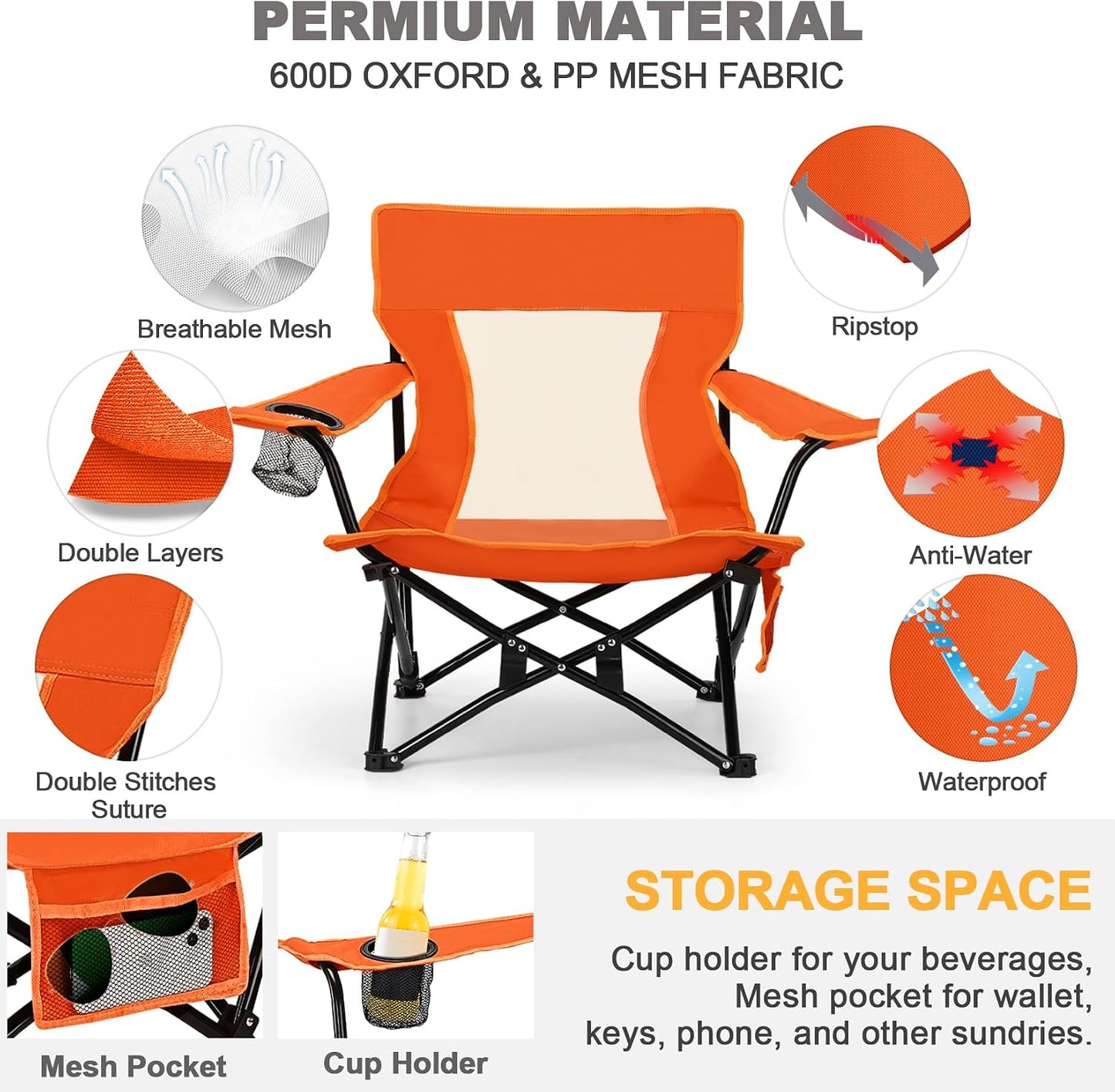 Joyfair Beach Camping Chair (2 Pack), Outdoor Folding Chair for Adults, Heavy Duty Portable Chair for Outside Fishing, Lawn, Sport, Patio, Armrest Cup Holder & Storage Pocket, Carry Bag (Orange)