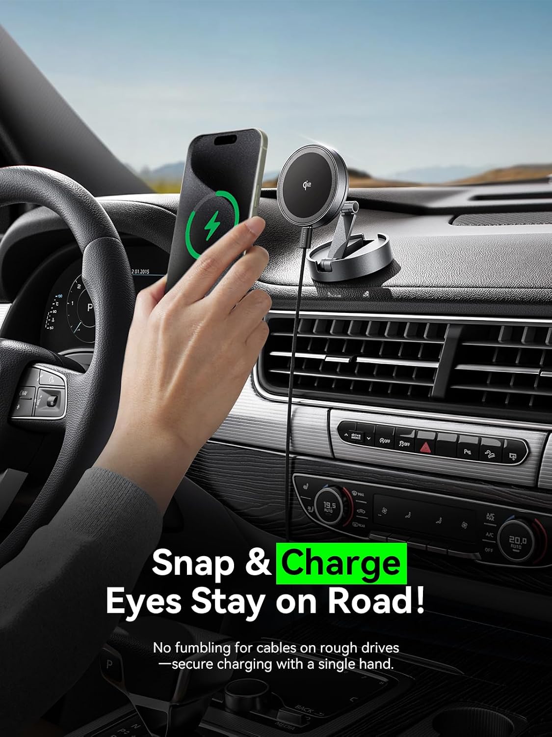 THREEKEY Magnetic Car Mount Charger Lite Qi2 15W Fast Wireless Charging | Compatible with iPhone 17-12|Galaxy S26-S25 Ultra,Retractable holder, 360° Adjustable,Strong magnetic