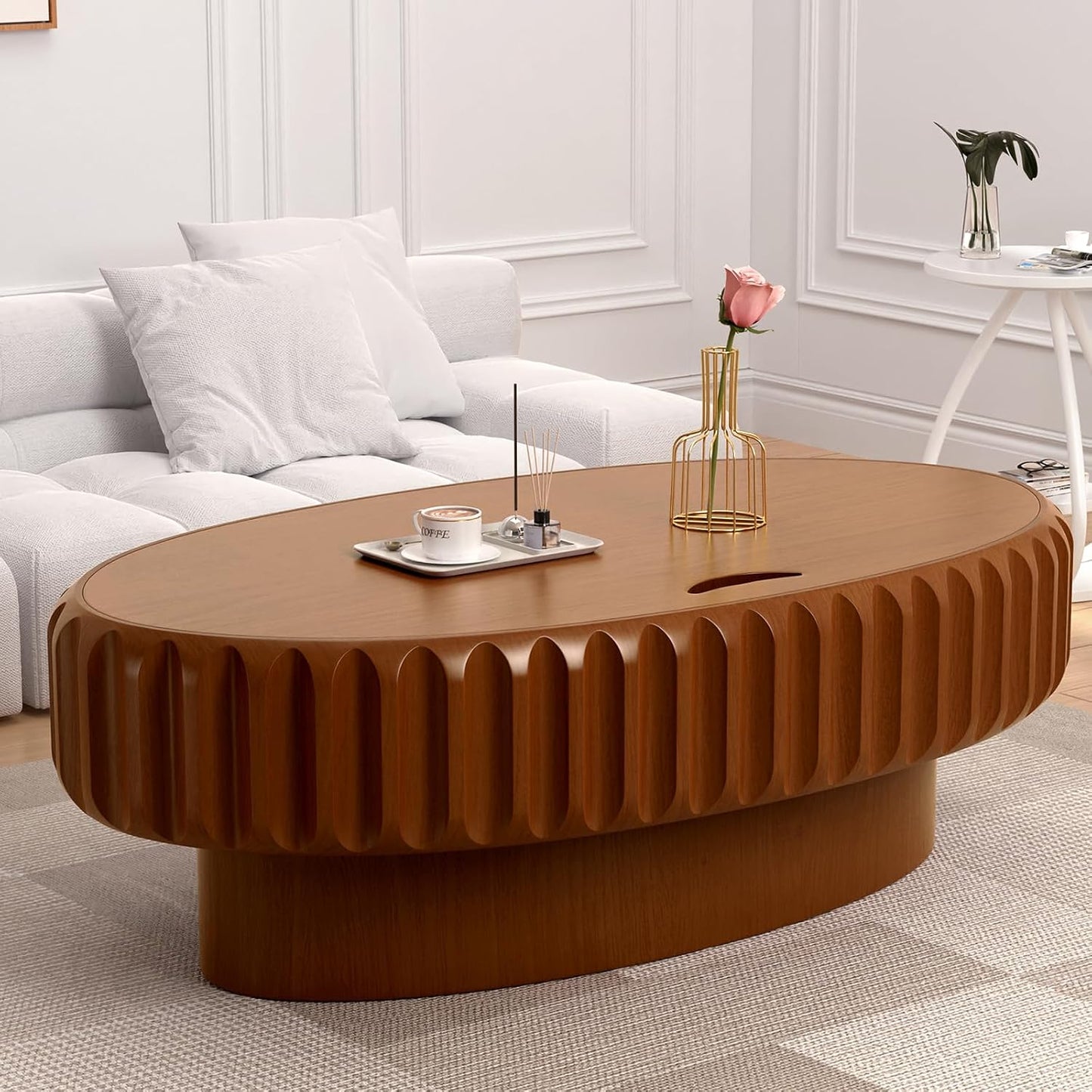 43.3 in Brown Oval Drum Coffee Table with Storage | Modern Oval Fluted Storage Center Table Handcrafted Solid Wood Fluted Edge, Sturdy Oval Base For Living Room, Apartment