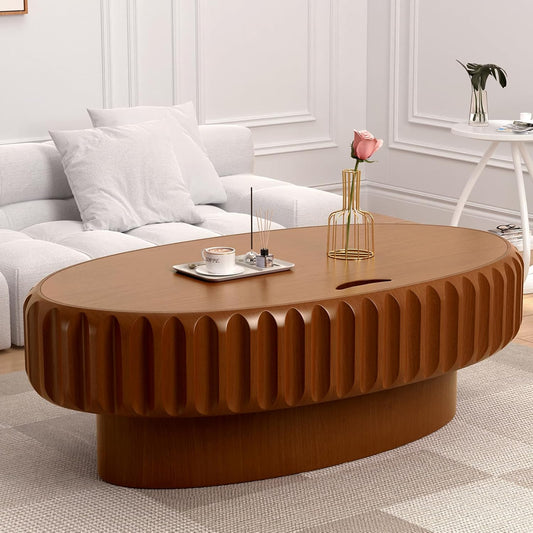 43.3 in Brown Oval Drum Coffee Table with Storage | Modern Oval Fluted Storage Center Table Handcrafted Solid Wood Fluted Edge, Sturdy Oval Base For Living Room, Apartment