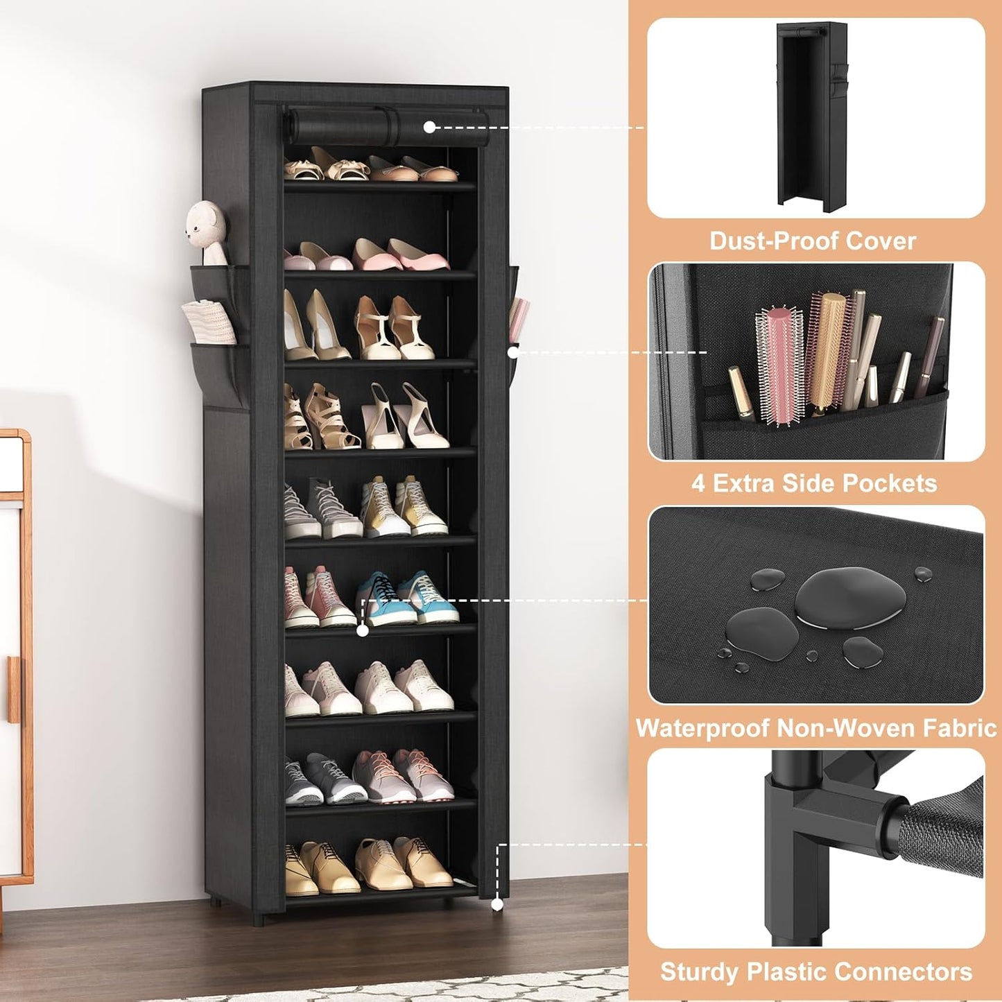 VILICK Shoe Rack with Cover Narrow Shoe Organizer with 4 Side Pockets 10 Tier Tall Shoe Storage Holds 18-22 Pairs Shoes and Boots Shoe Rack for Closet Entryway Garage
