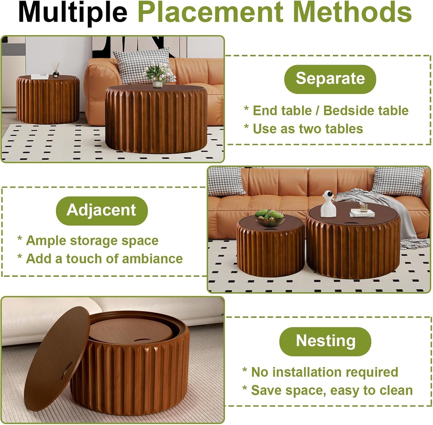 26 inch Round Nesting Coffee Table Set of 2 with Storage, A | For Living Room, Wood Veneer Top, Wood Fluted Texture, Flip-Top Lid, Non-Slip Pads, Nested End Side Table, For Small Space