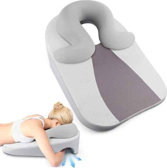Eye Face Down Pillow Set for Sleeping, BBL, Retinal Surgery Recovery, Soft U-Shaped Memory Foam Stomach Sleeping Prone Pillow with Adjustable Loop for Personalized Comfort, Home Massage Pillows, Grey