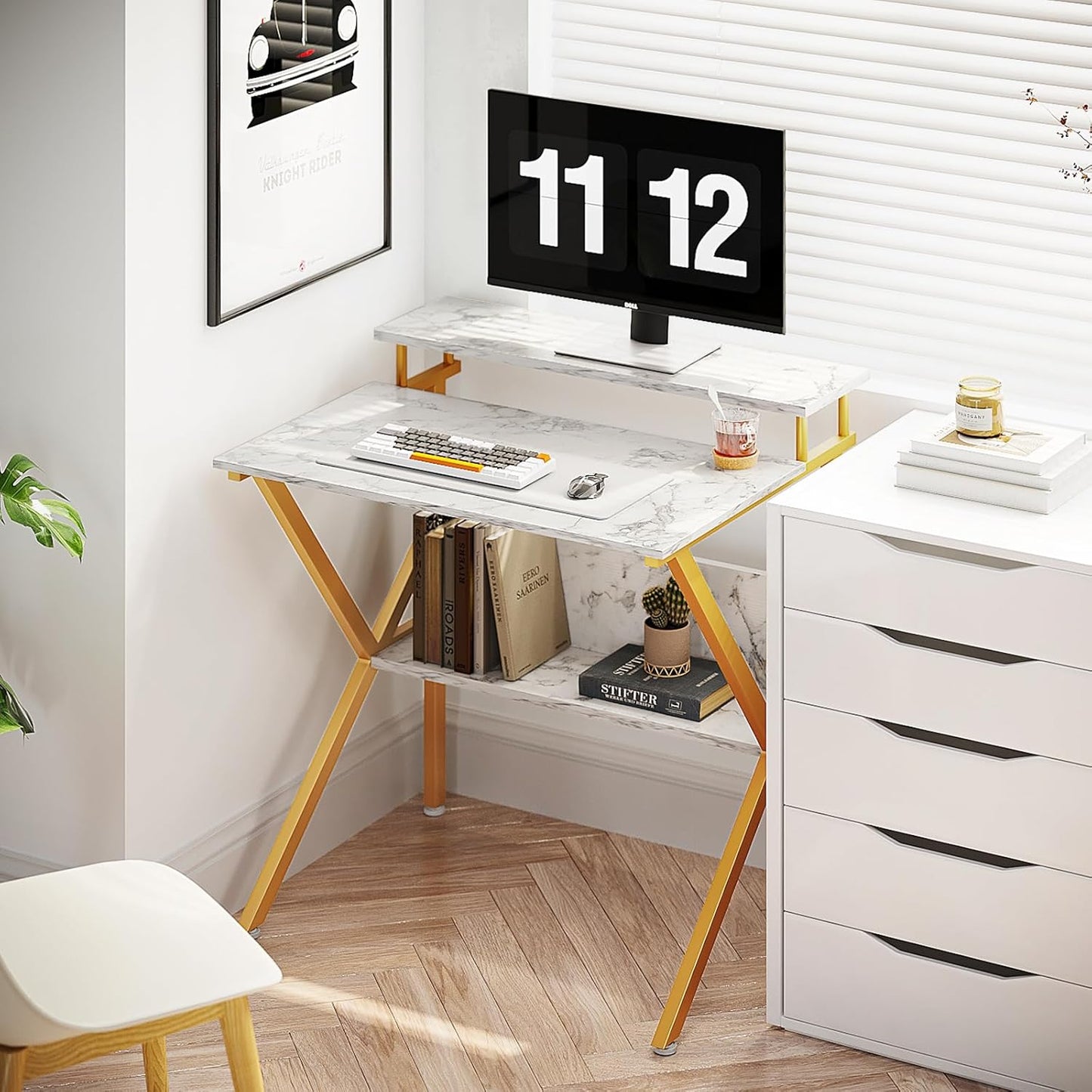 ODK Small Desk, 27.5 Inch Computer Desk for Small Spaces, Study Desk with Storage & Monitor Stand, White Marble + Gold Leg