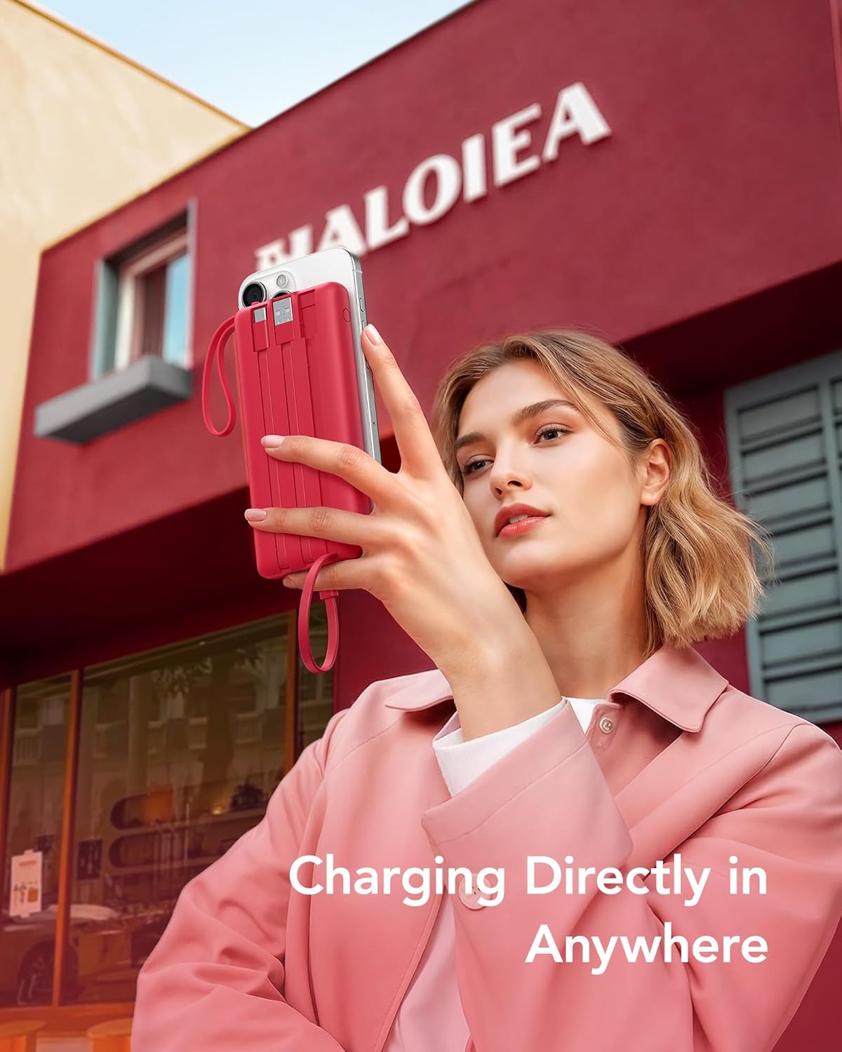 VRURC Portable Charger, Built in 4 Cables & Lanyard Power Bank 10000mAh, Compact USB C Charging Bank 5 Outputs for Multi Devices,Travel Essential for Hiking Camping Business Cruise Ship-Red(1 Pack)