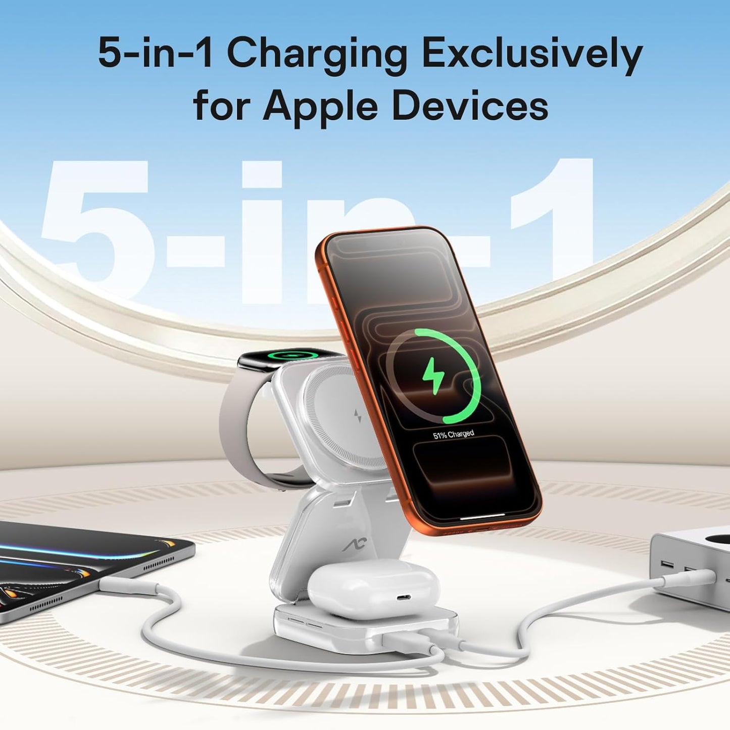 5-in-1 Wireless Charger for MagSafe, AC ISLAND Portable Travel Charging Station, 35W Max Qi2 Fast Foldable Magnetic Stand, Evolved for iPhone 17-12 Series, Apple Watch, AirPods (with 35W Adapter)