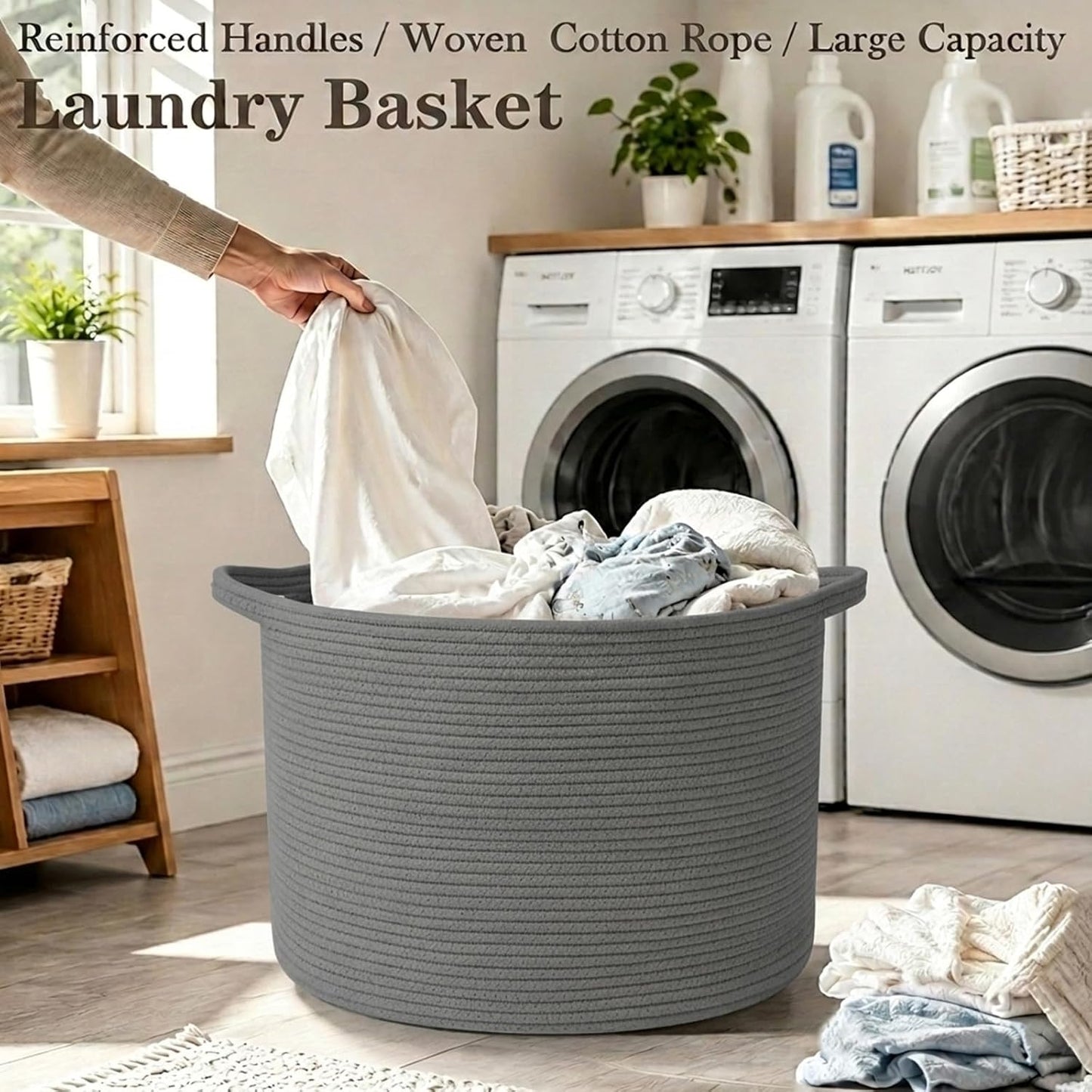 65L Large Blanket Basket,Woven Rope Laundry Basket-Dark Grey | Collapsible, reinforced handles, nursery storage bin organizes clothes, toys and pillows for living room, bedroom bathroom.