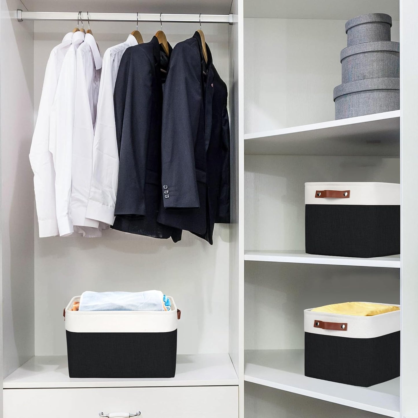 Bagnizer Storage Bins Large Fabric Storage Baskets for Shelves 3 Pack, Decorative Linen Closet Baskets with Handles for Organizing, Shelf, Clothes, Home, Office, 15x11x9.5Inches (Black&White)
