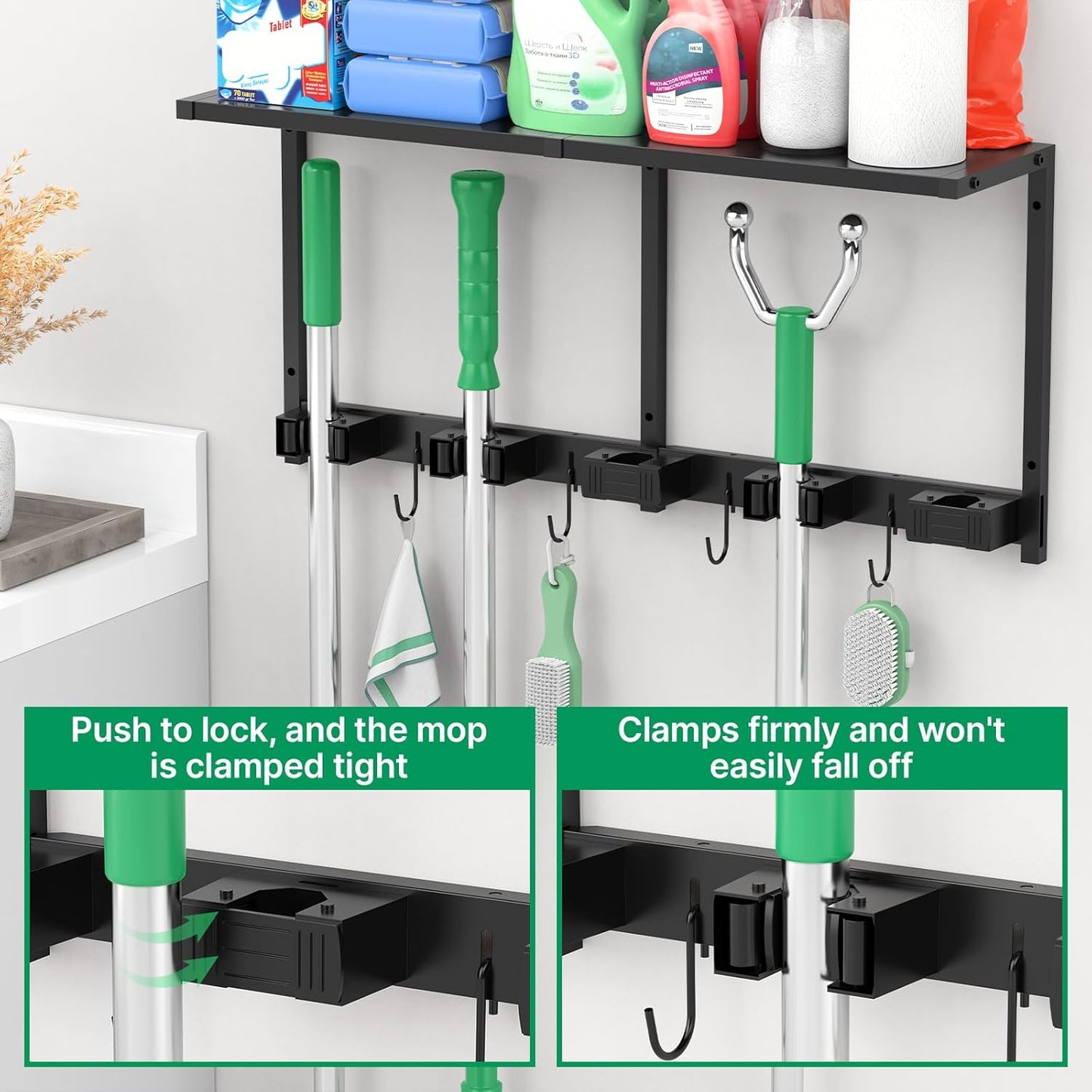CCCEI Broom and Mop Wall Mount with Shelf, Laundry Room Cleaning Tools Organization Hanging Rack with Hooks, Bathroom, Garage, Garden Organizers and Storage. All Metal, Black, 2 Pack.