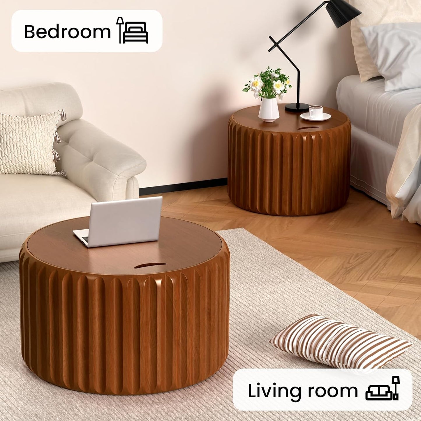 Round Nesting Coffee Table Set of 2 with Storage, No Assembly (Brown) | Wood Fluted Coffee Table Modern Drum Accent Tea Center Table Side End Table for Living Room, Bedroom, Small Space