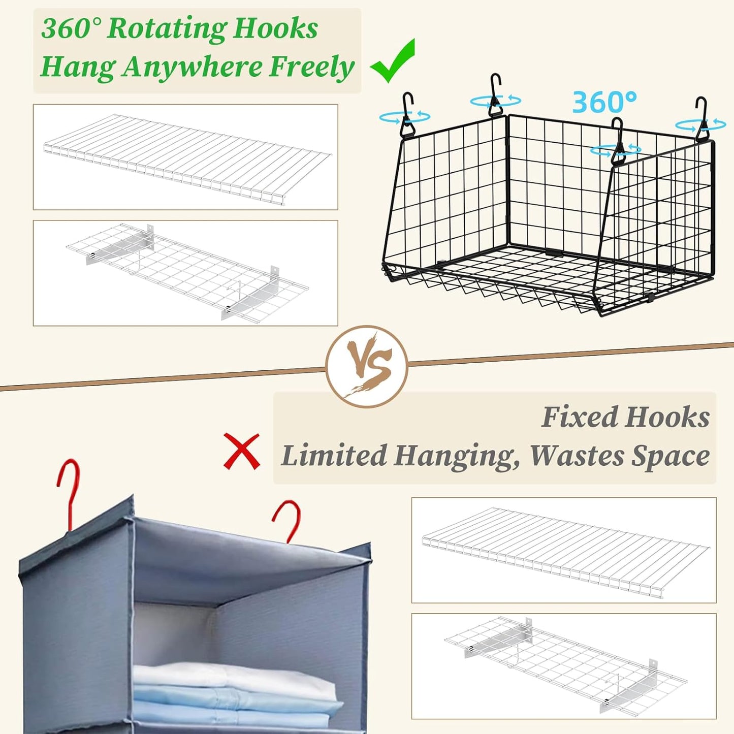 3-Pack Hanging Laundry Room Organizaton：Foldable Laundry Basket Wire Basket with 360°Rotating Hooks Small Space Organization Over Washer and Dryer Shelves - Hanging Closet Organizer, Black Patent