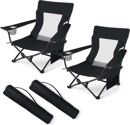 HaSteeL Folding Beach Chair Set of 2, Foldable Black Camping Chairs for Outside, Low Beach Chair Portable for Adults Fishing, Picnic, Outdoor BBQ, Travel, Sports, Cup Holder & Storage Bag