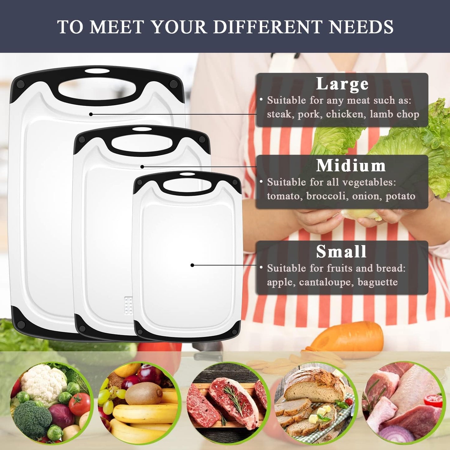 Plastic Cutting Board, 3 Pieces Dishwasher Safe Cutting Boards with Juice Grooves, Easy Grip Handle, Non-Slip, with Grinding Area for Grinding Garlic and Ginger（White）